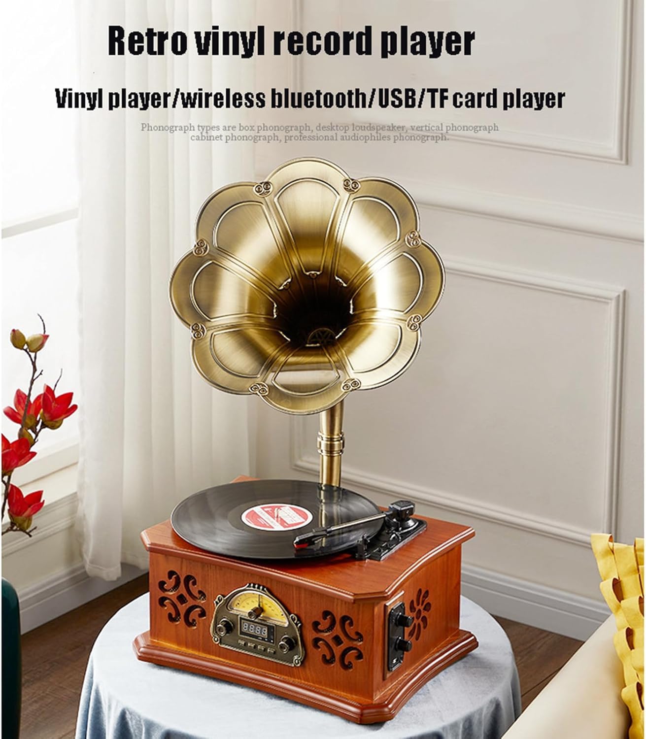 Góra Gramofon Winylowy Wielofunkcyjny Gramofon W Stylu Europejskim Klasyczny Dźwięk, Odtwarzanie Płyt Winylowych, Bezprzewodowy Bluetooth, Usb, Karta Tf
