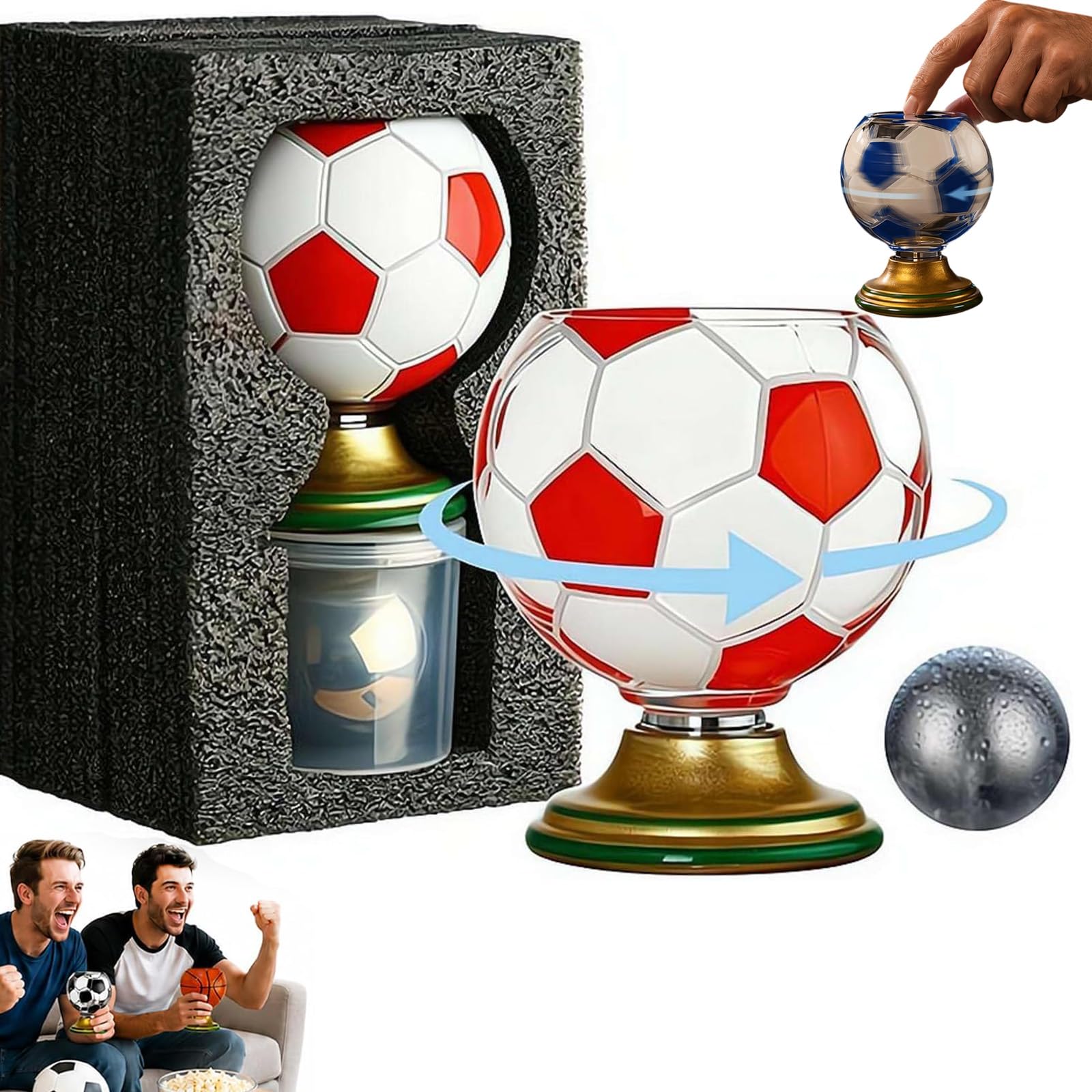 Qosigote Soccer Ball Shaped Rotating Beer Mug, 10oz Football Drinking Glass Cup with Gold Base & Stainless Steel Ice Puck, Unique Scotland Football Fan Gift for Dad Boyfriend,