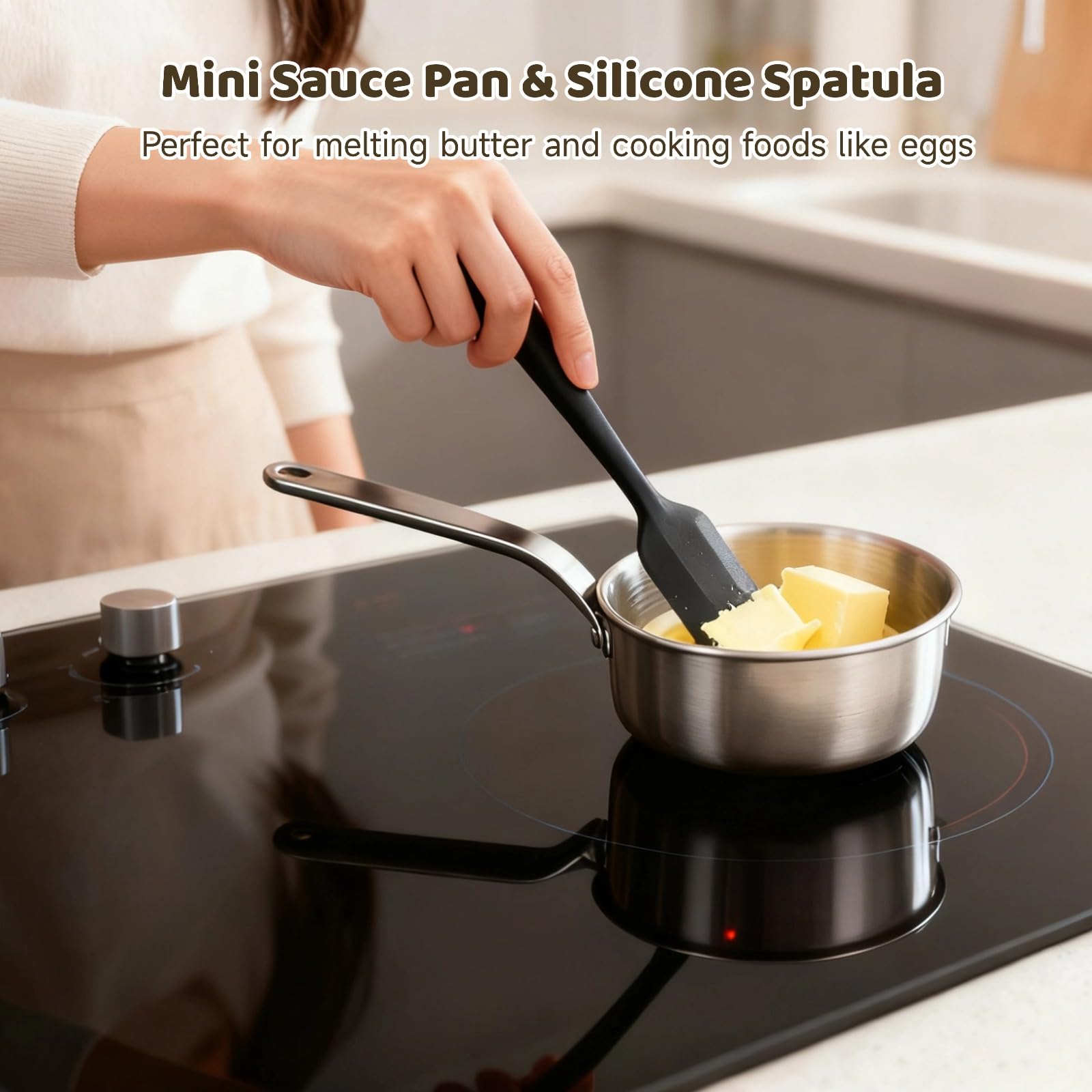 2 Stück Mini-Saucenpfanne und Silikonspatel-Set, 5-Zoll Edelstahl-Butterwärmer, Pfanne ohne Beschichtung, Eierpfanne mit Spatel, 304-Stahl kleiner Kochtopf für Einzelportion, für alle Herdarten