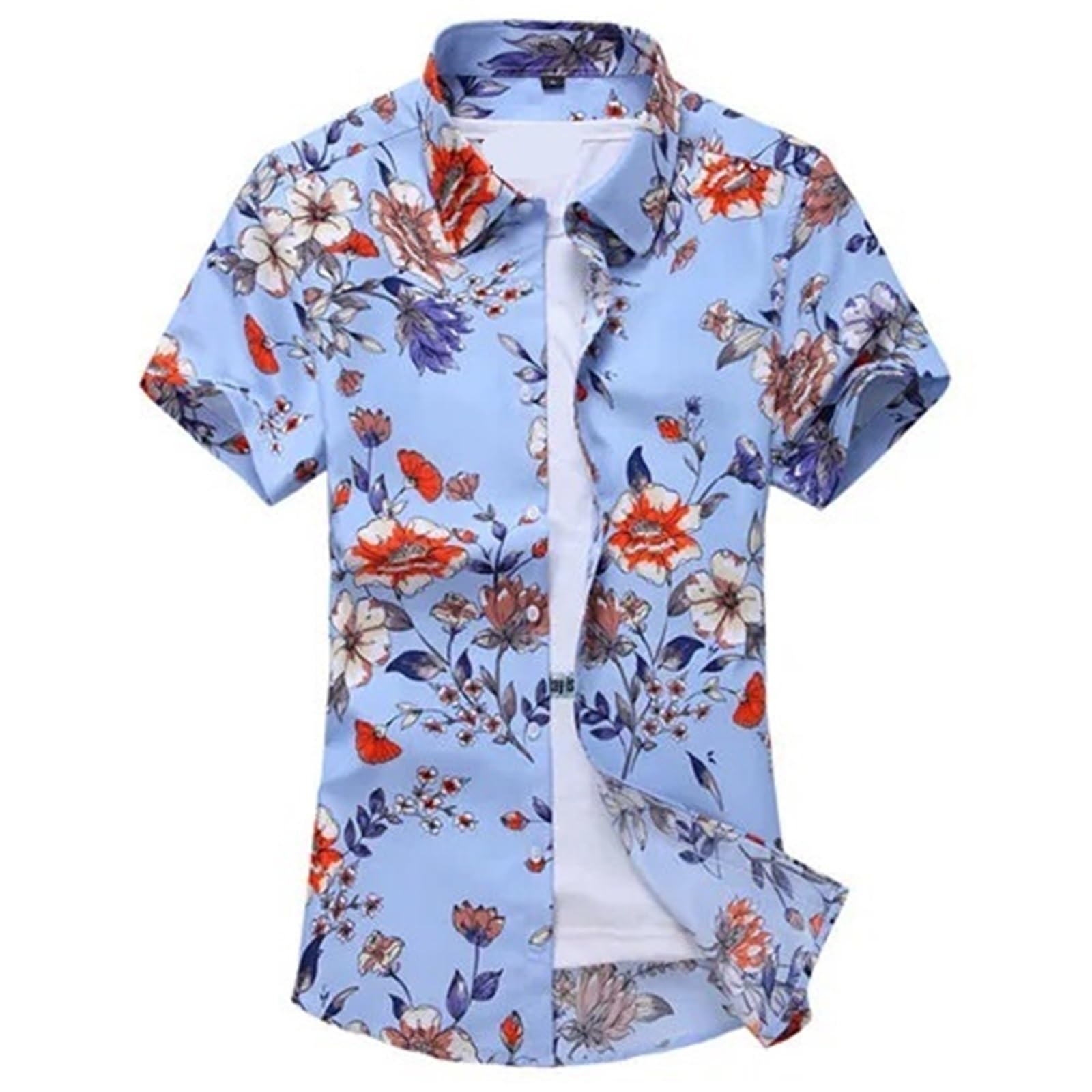 Chemise d'été homme pur coton à fleurs roses du S au 7XL bleu