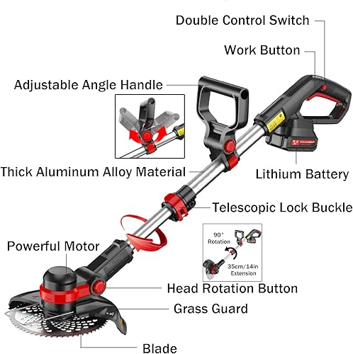 Miniatura 6 de Desbrozadora eléctrica inalámbrica con batería de 21 V, 3.0 Ah, cortador de hilo eléctrico de 8 pulgadas de diámetro de corte con potente