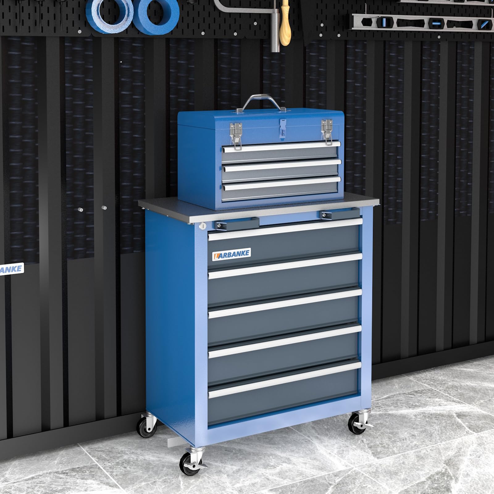 LARBANKE Metal Tool Box,3 Drawer Tool Box with Top Storage Tray