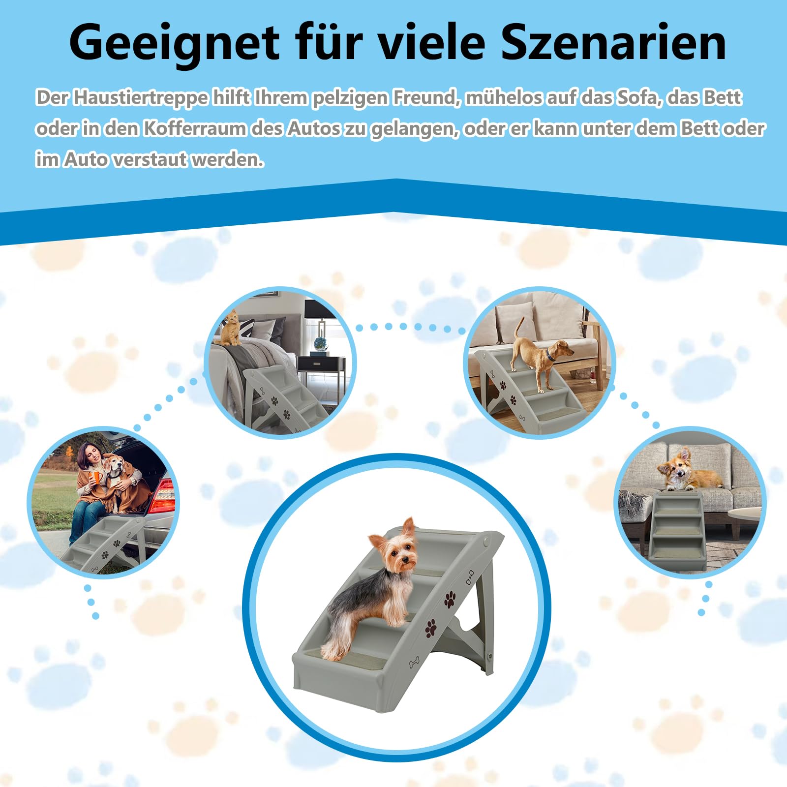 Hundetreppe für Kleine Hunde, Haustiertreppe 4 Stufen Katzentreppe für Alte Katzen, Kunststoff Faltbare Hundetreppe für Bett 50cm Hoch, Belastbarkeit bis zu 75kg Grau