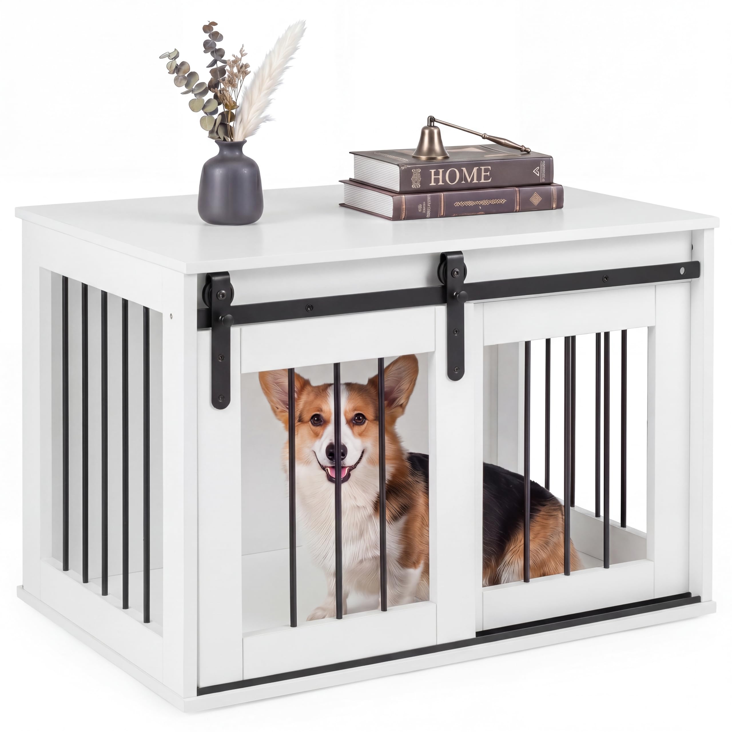 DREAMADE Hundekäfig für Zuhause, Hundebox Holz & Metall (Weiß) | Hundekäfig Möbel mit abschließbarer Schiebetür, Hundeschrank als Beistelltisch für kleine & mittelgroße Hunde, für Wohnzimmer