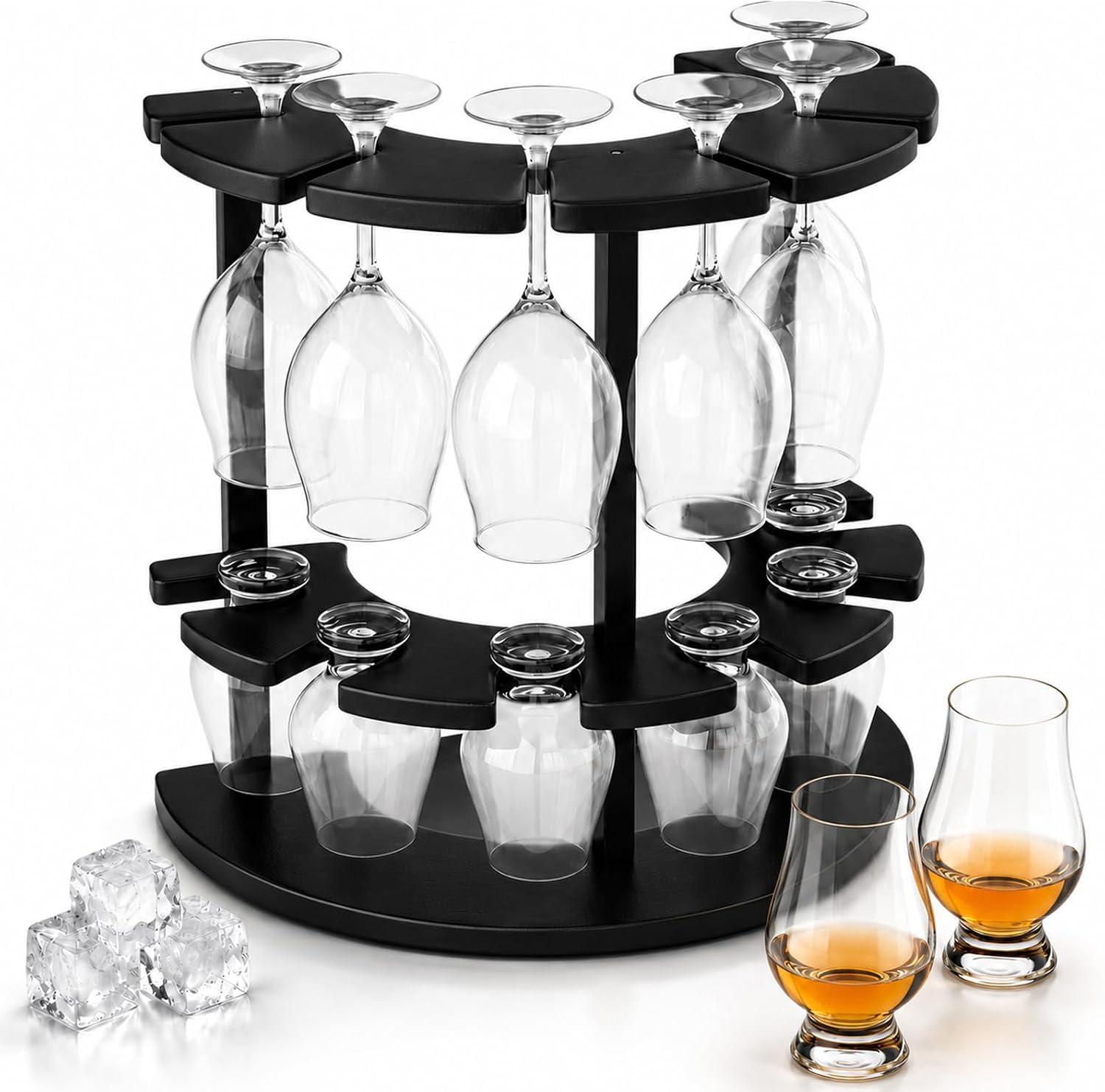 Whisky Tasting Glass Rack, Double Tier Wooden Storage & Drying Holder, 12 Slots Semicircular Organizer for Stemmed Wine & Glencairn Bourbon Glasses, for Home Bar Party, Black