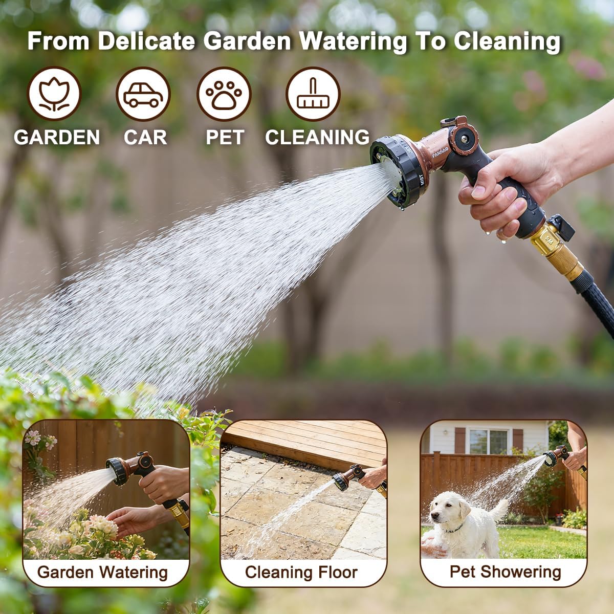 FANHAO Heavy Duty Garden Hose Nozzle, Metal Water Hose Sprayer with 6 Adjustable Patterns, High Pressure Water Nozzle with Thumb Control, On Off Valve for Car Washing, Garden & Pets Showering