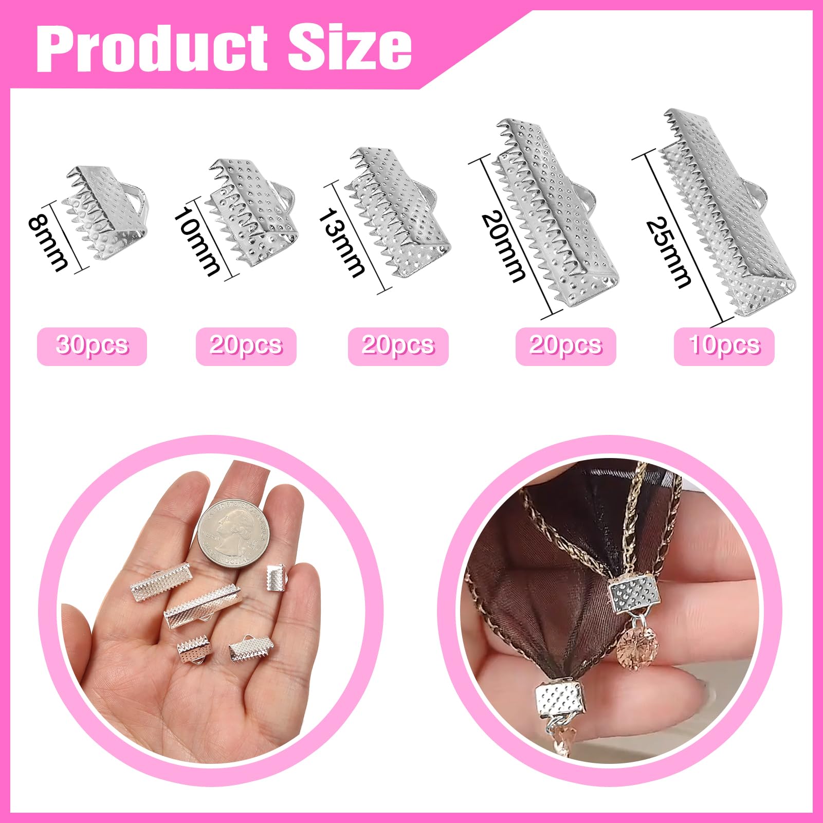 TOAOB 100 Pieces Silver Tone Metal Crimp End Tape Crimp Clamps 5 Sizes End Closure for DIY Jewelry Making 8 mm 10 mm 13 mm 20 mm 25 mm - Image 2