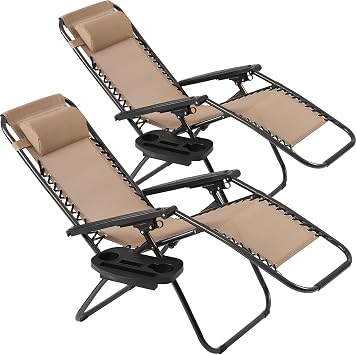 Vnewone Zero Gravity Chair Set of 2 Patio Folding Anti Reclining Lounge Deck Foldable Yard with Pillow and Cup Holder, Tan