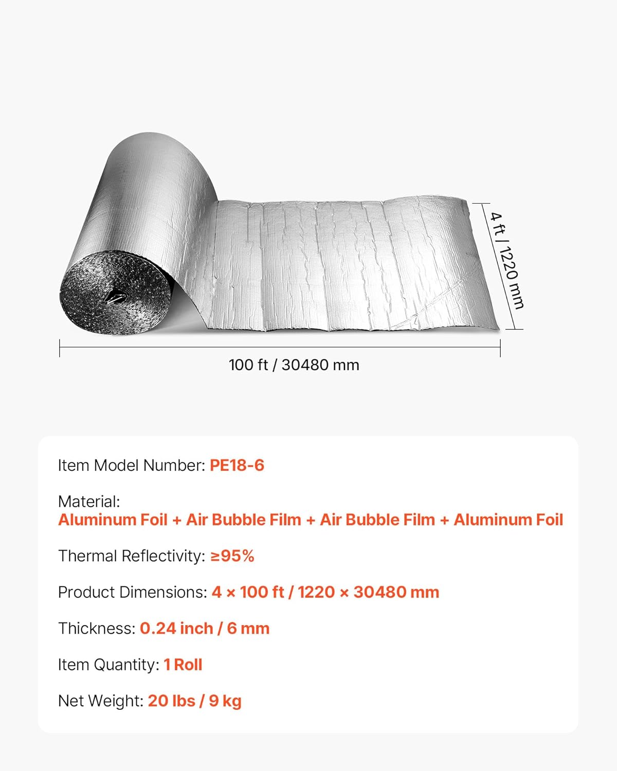 VEVOR Double Reflective Insulation Roll,Double-Sided Aluminum Foil Radiant Barrier,6mm 48 inx100 ft,Dual-Layer Air Bubble Heat Reflective Shield,Thermal Insulation Roll for Garage Door Window RV Roofs