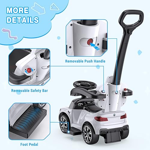 Miniatura 6 de Hetoy Coches de empuje 4 en 1 para niños pequeños de 1 a 3 años con luces LED música bocina y mango de empuje controlable blanco