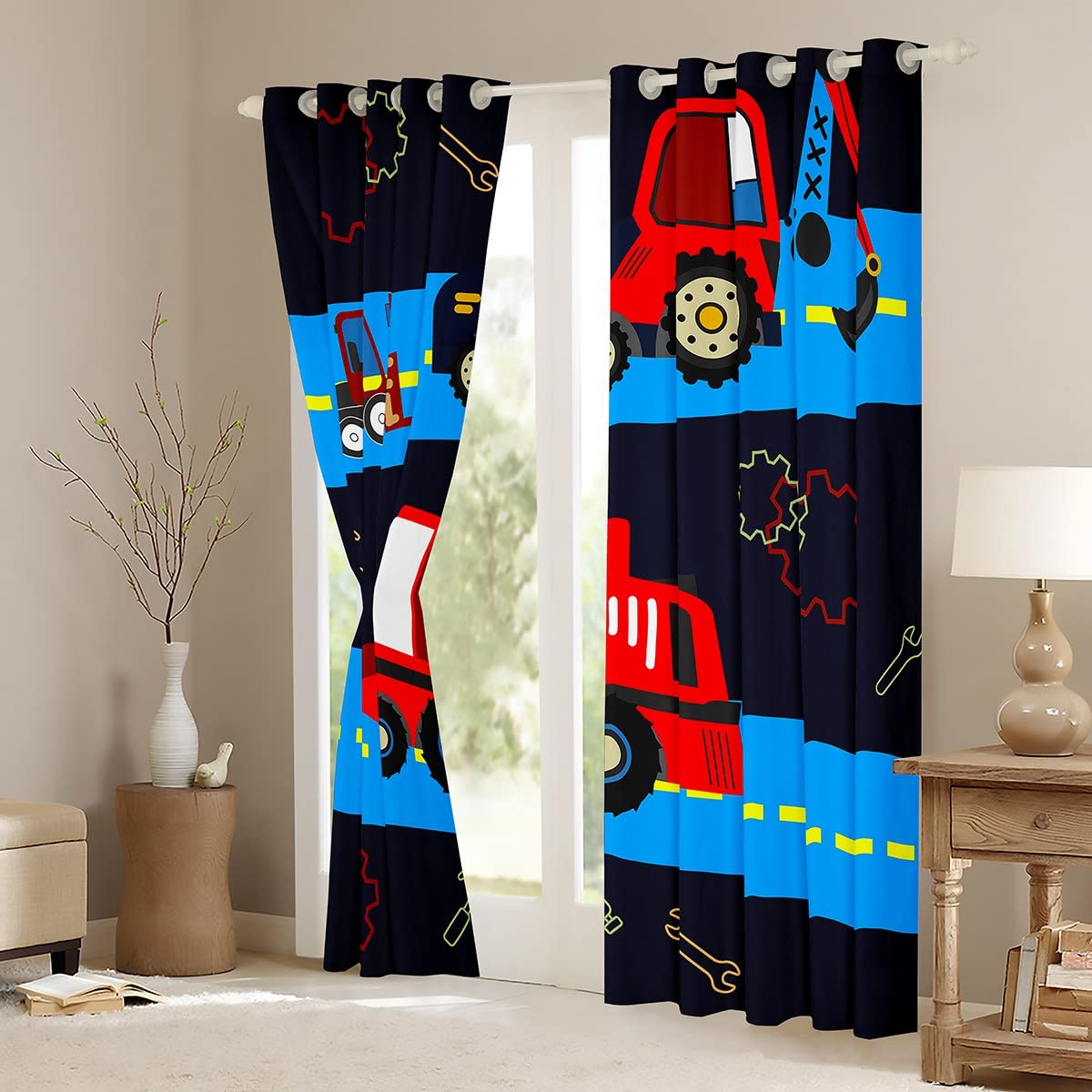 Cortinas de Ventana de construcción para niños, para Dormitorio, Sala de Estar, maquinaria de niños, Cortinas de Ventana de camión, Sitio de construcción, Cortinas de vehículos de Coche, excavadoras,