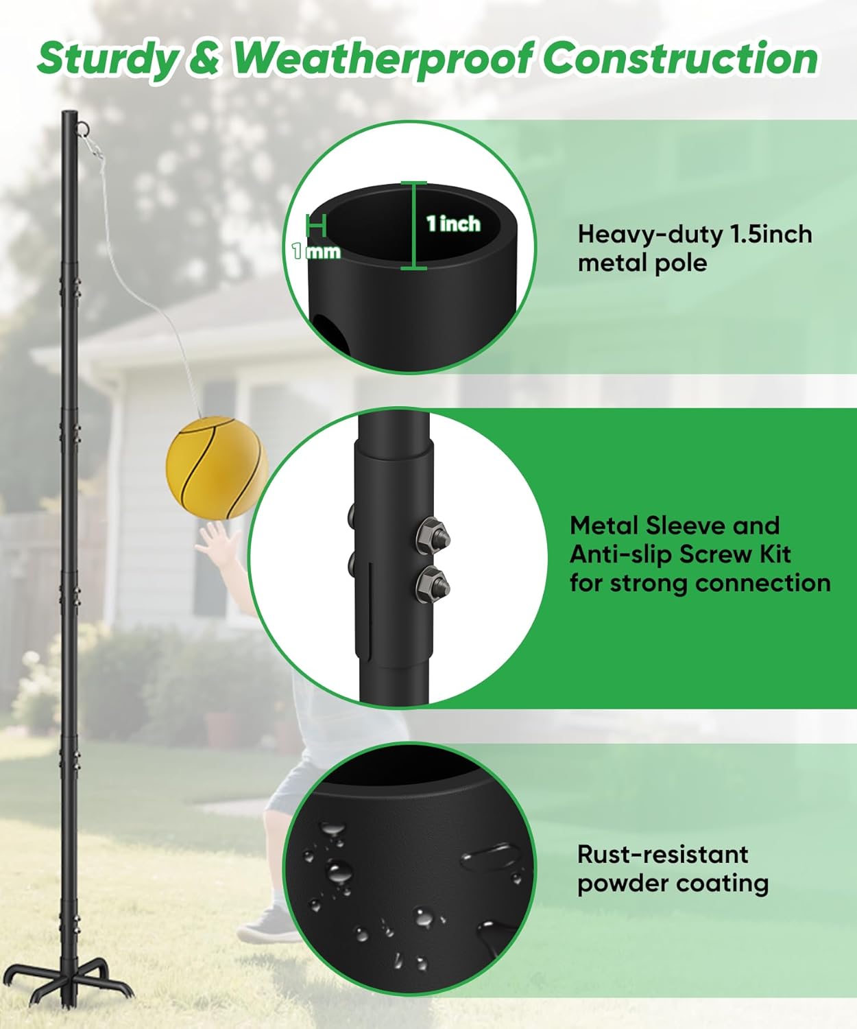 Tetherball Set with Rope & Ball, Portable Tetherball Equipment for Outdoor Backyard, Adjustable Heavy Duty Reinforeced Tether Ball Pole with In-Ground Base for Outside Playground Fun Game