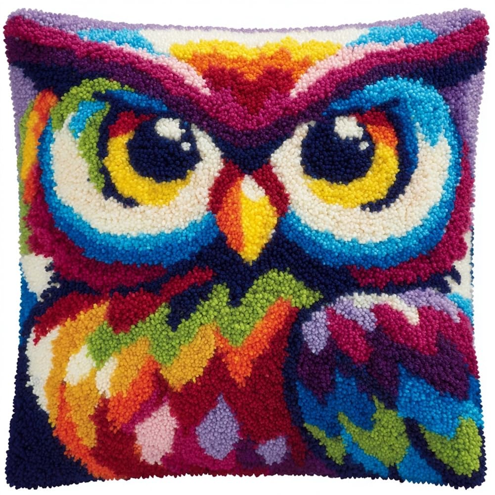 kitphoenix DIY Latch Hook Kits, Watercolor Owl Animal 3D Pillow Materials Package Latch Hook Embroidery Kits Cross Stitch Sofa Cushion Cover with Tool Fit for and Adults 17X17Inch