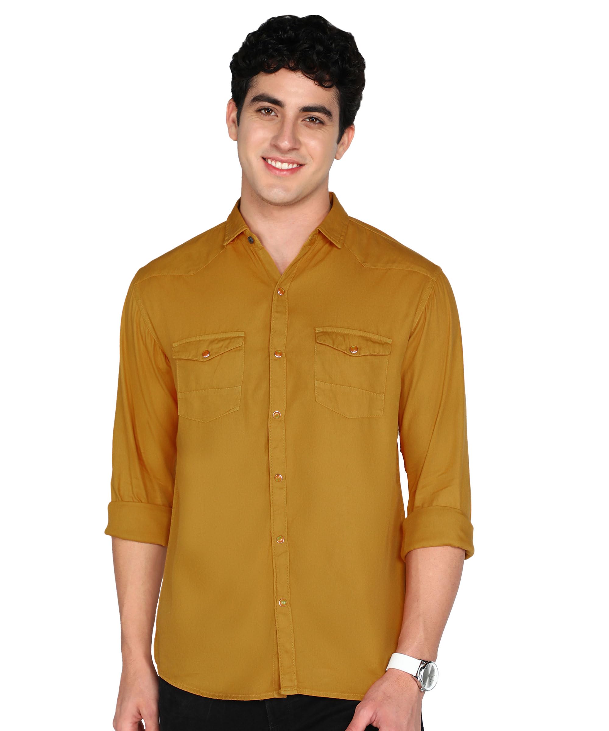 Kuons Avenue Men's Mustard Double Pocket Cotton Twill Casual Shirt | Cargo Shirt | Western Denim Shirt