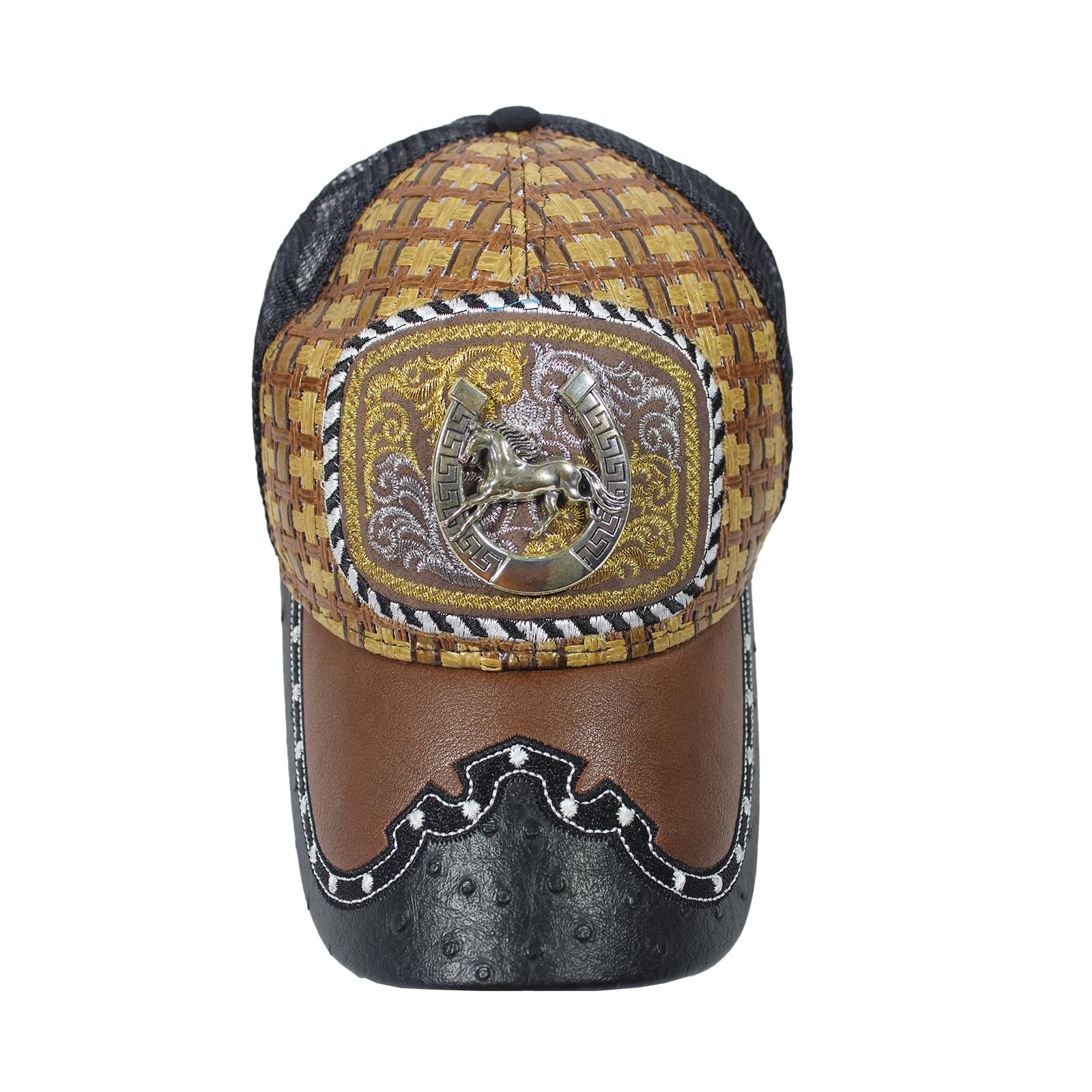 lulala Straw Design Metallic Rodeo Cowboy Head Metal Logo Trucker Mesh Baseball Cap-picture-16