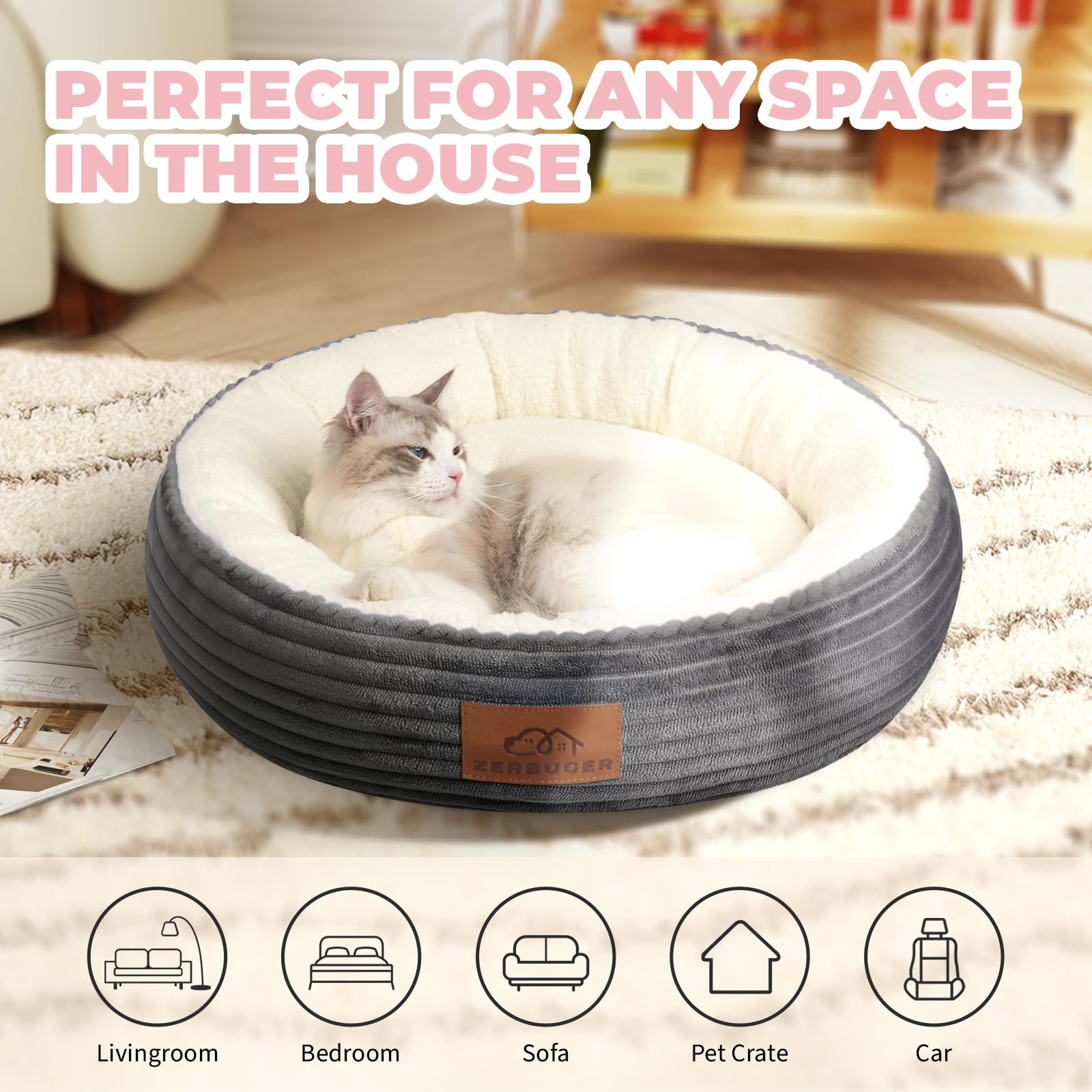 Cat Bed, 20In Dog Beds for Small Dogs Calming Cat & Dog Beds for Indoor Pets Pet Beds Comfortable Donut Round Ultra Soft - Image 4