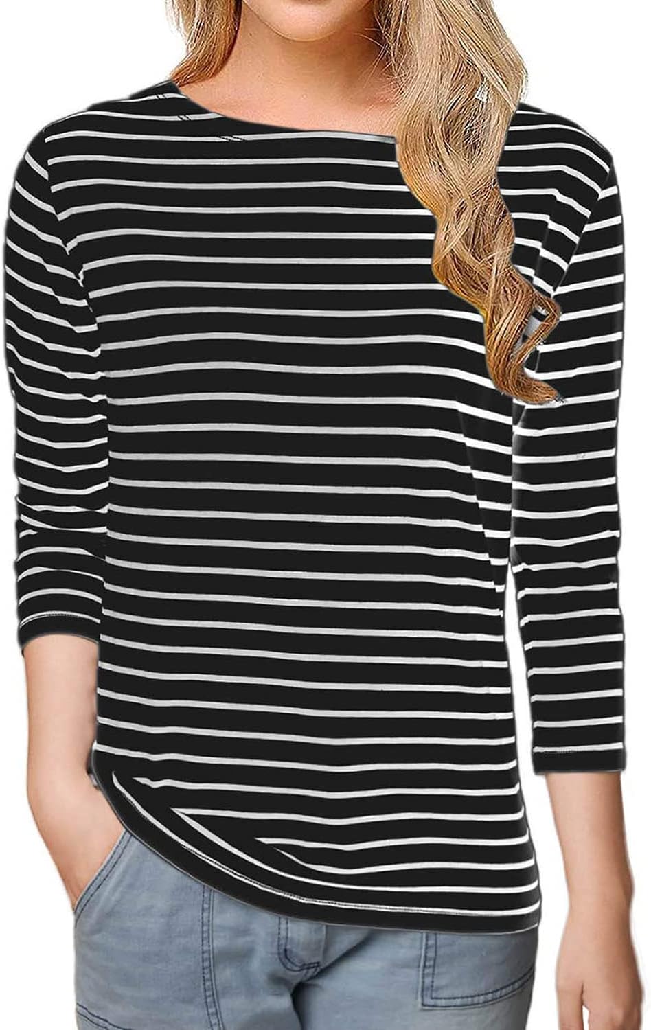 Tulucky Women's Casual Long Sleeve Shirts Stripe Tees Round Neck Tank Tops
