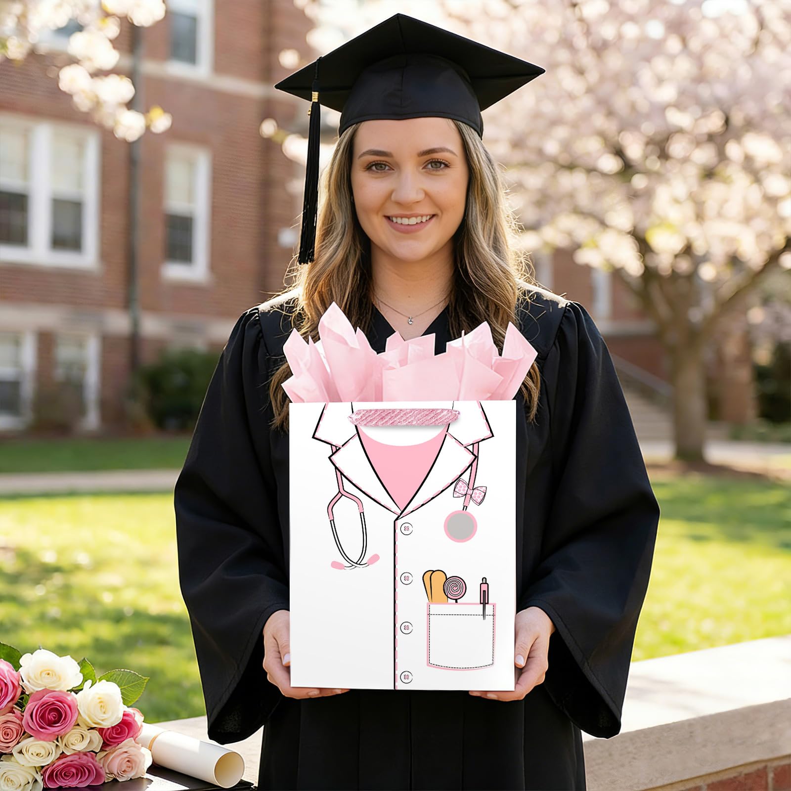 Loveinside 13" Large Pink Nurse Gift Bag for Wmen, Pink Medical Uniform Design Gift Bag with Tissue Paper, Crad for Nurses, Doctor, Nursing Graduation, Medical School, Thank You, 10" x 5" x 13", 1 Pcs