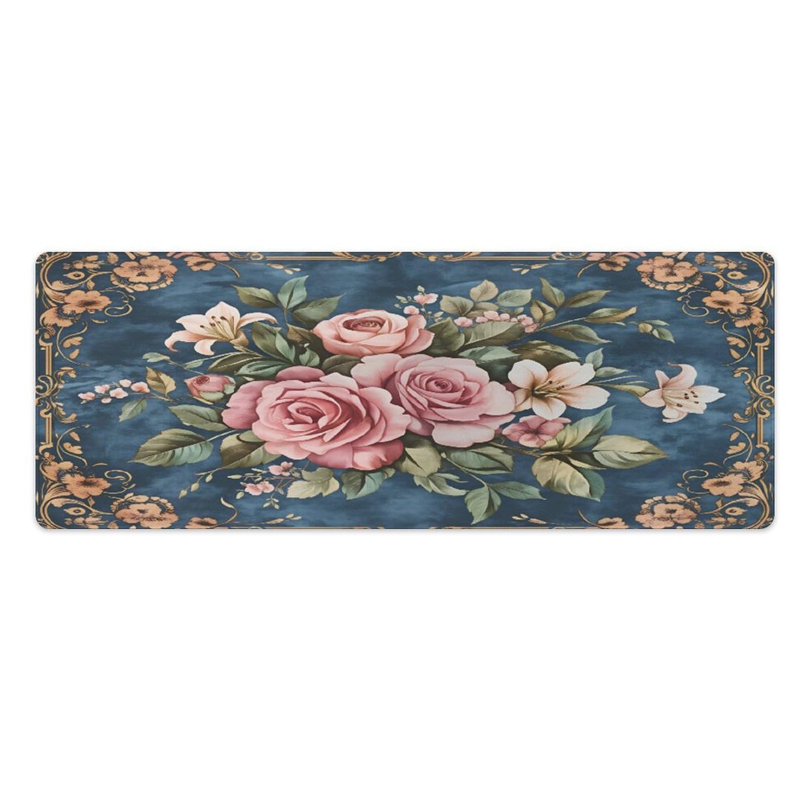 Floral Retro Large Mouse Pad 12"×32" inch Extended Gaming Mousepad Desk Mat Long Computer Keyboard Non-Slip Base Stitched Edges for Home Office Work