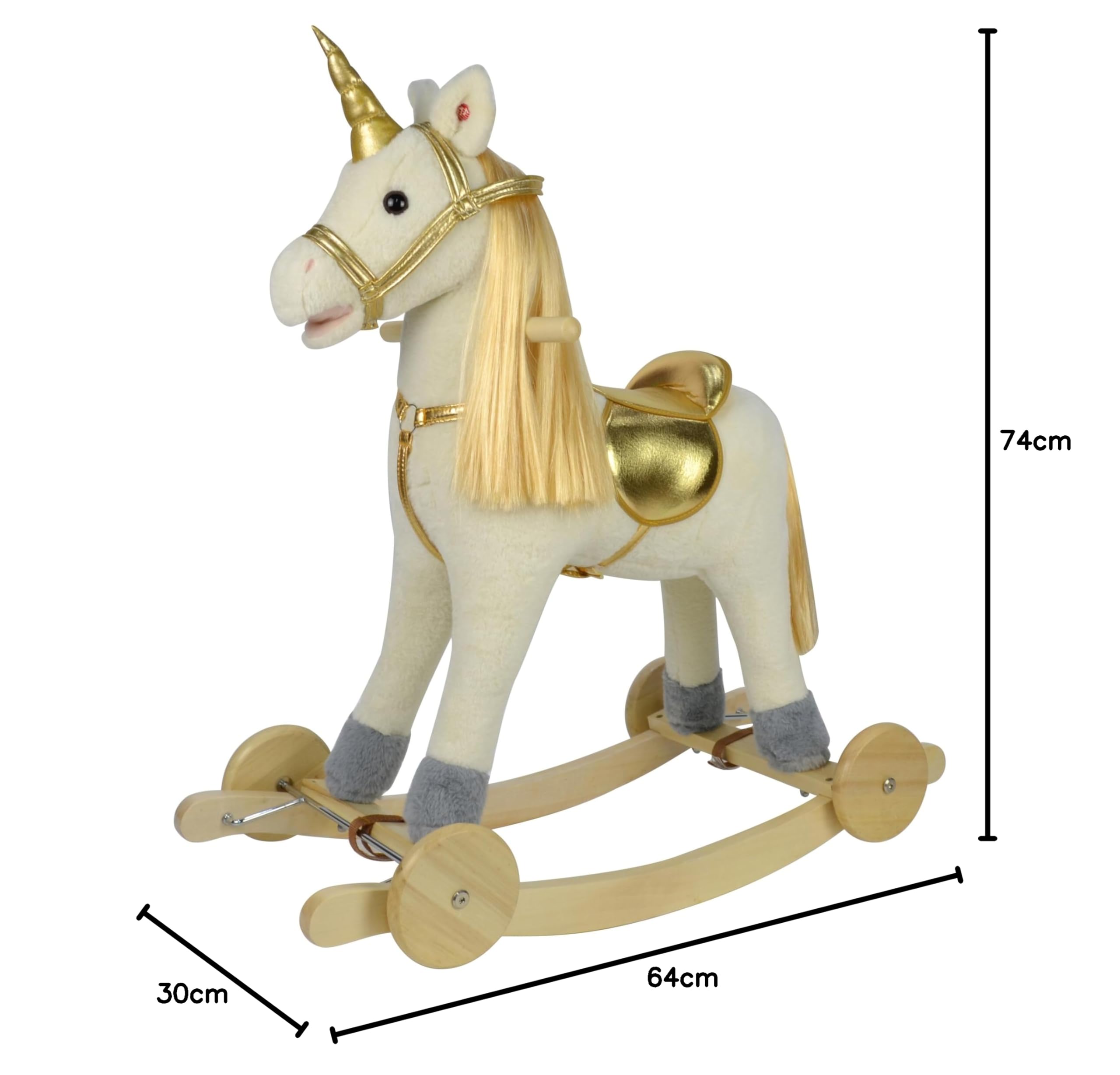 Cavallo a Dondolo per Bambini 36-72 Mesi Unicorno a Dondolo Cavalcabile in Legno e Peluche con Rotelle Suoni e Movimenti Realistici 74x30x62 cm (Bianco e Oro)