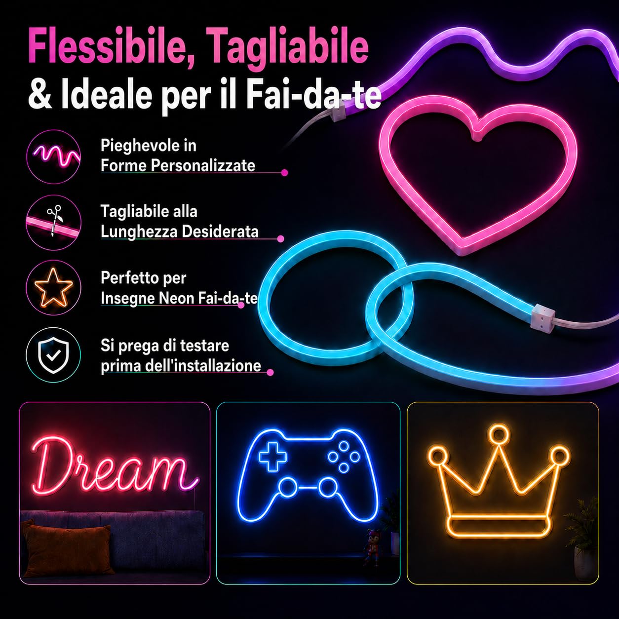5M Striscia LED Neon, RGB, 24V Silicone Neon Luci LED Flessibile con Telecomando e APP, DIY, Sync Musica, IP65 Impermeabile, per Gioco, Festa e Decorazioni per Interni Esterni
