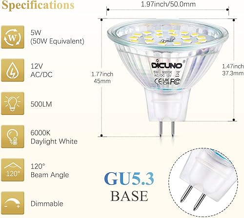 Miniatura 2 de DiCUNO Bombillas LED MR16 regulables, luz blanca diurna, 6000 K, 50 W, equivalente a halógeno, 12 V CACC, bombilla base de 5 W GU5.3 bi-pines,