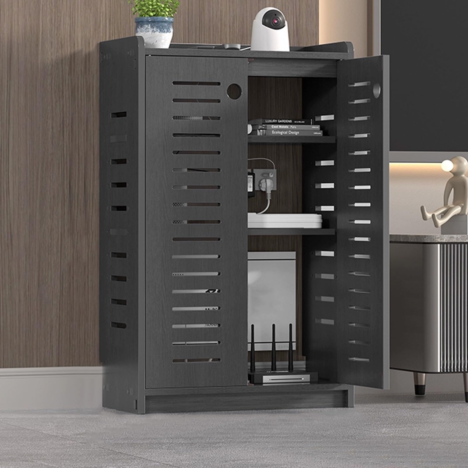 MESCXTY WiFi Router Hidden Box Home Media Storage Cabinet, Double-Deck Shelf Invisible Storage, Power Strip and Cable Management Hider Organizer(Gray,50x80x25cm)