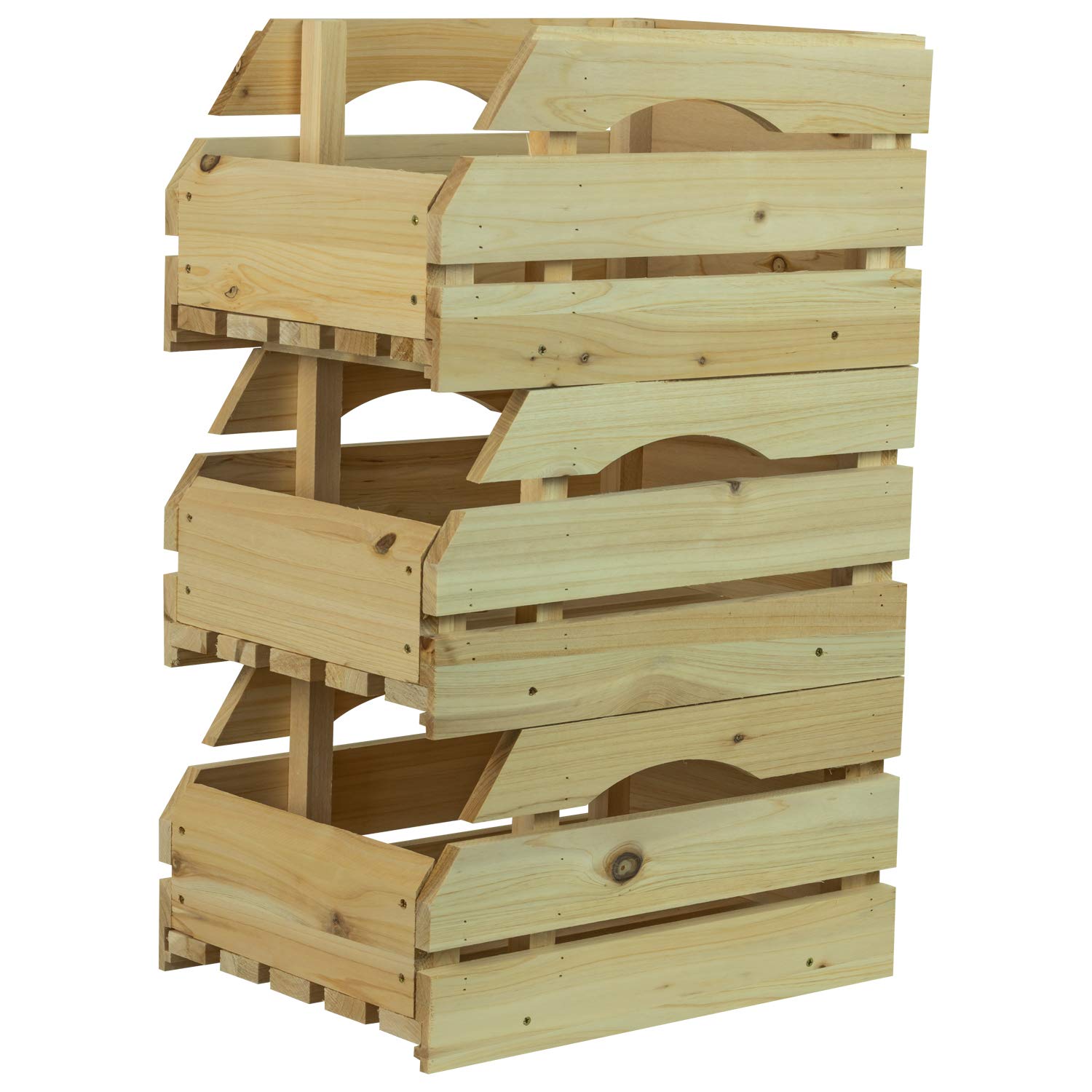 Woodside Wooden Storage Boxes with Handles, Stackable Crates for Fruit/Vegetables/Potatoes Use, Pack of 3