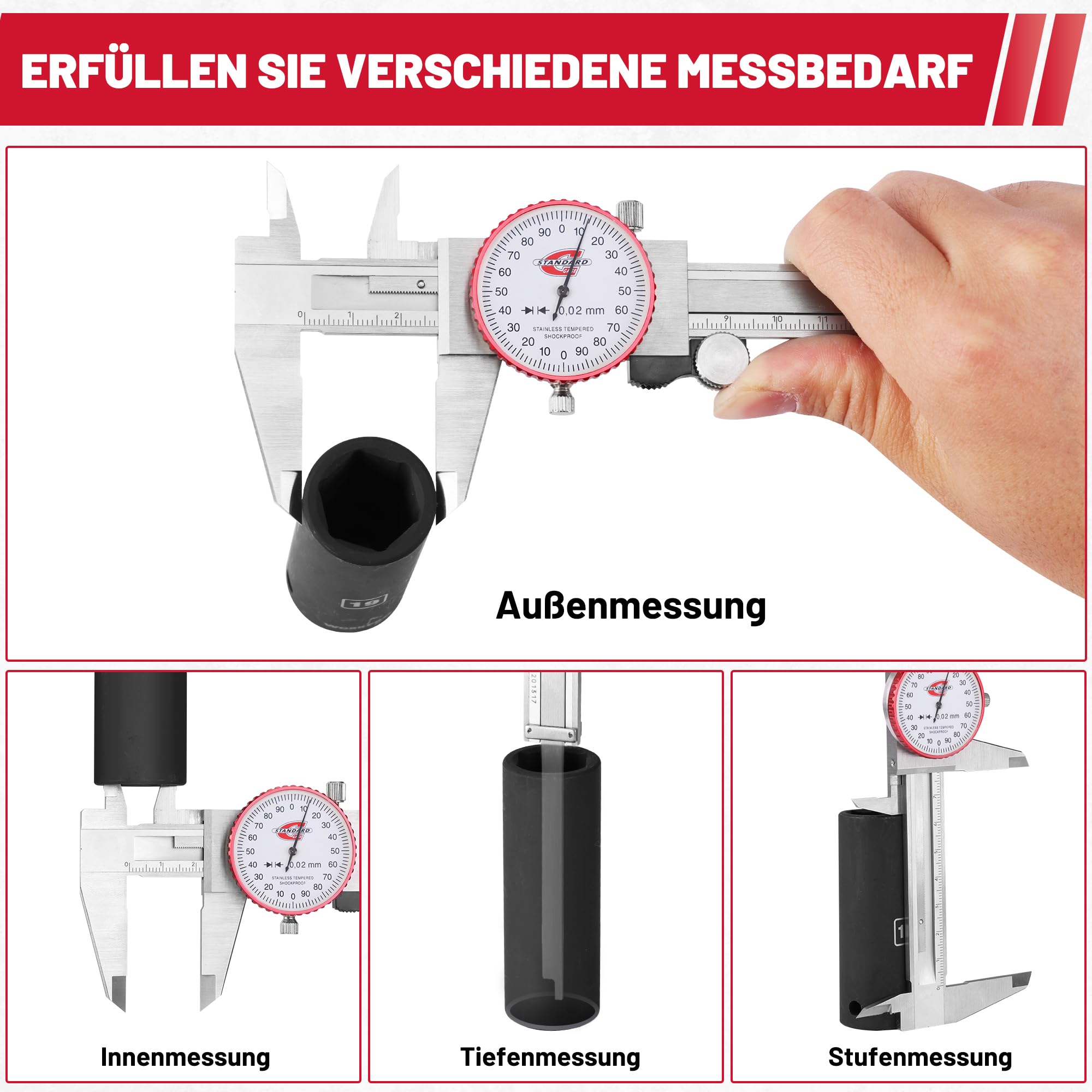 Messschieber mit Uhr 150mm, Metrischer Uhrenmessschieber, Ablesung 0,02 mm, Stoßfestes Zifferblatt Messschieber mit 4-Wege-Messungen, Hochpräziser Messwerkzeug für Messinstrument, DIY