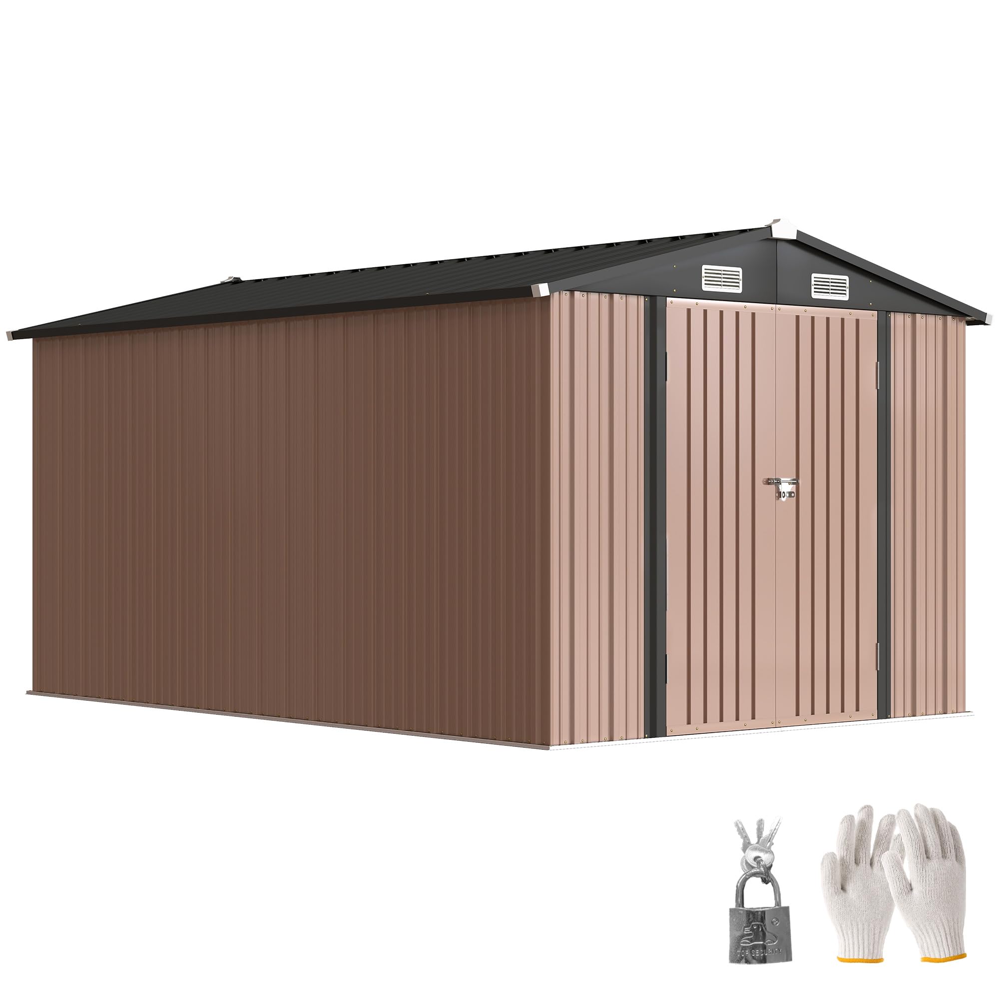 Outsunny Casetta da Giardino 8.1m² Acciaio Zincato con Prese d'Aria Doppia Porta Bloccabile Tetto Inclinato 238x364x194 cm Marrone