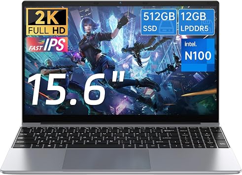 15.6 inch Laptop, 12th Alder Lake N100Turbo 3.4GHz Processor,12GB RAM, 512GB SSD, 2K FHD IPS Laptops, 2.4G/5G WiFi, Webcam,Full-Featured Type-C,Ultra-Thin Notebook