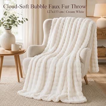 DJDEA Cream White Fleece Bubble Throw Blanket 127 x 178 CM
