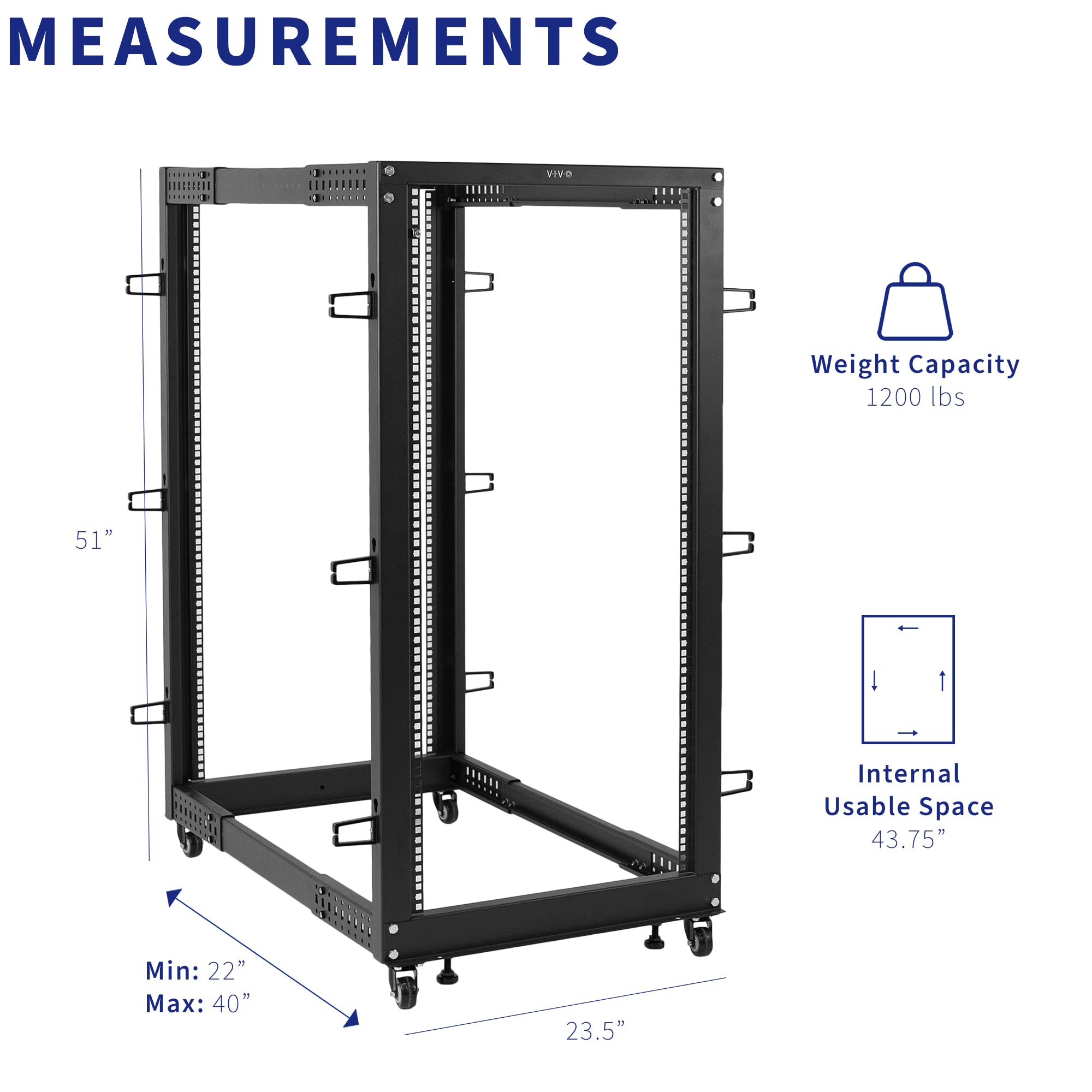VIVO CART-SR25U - Rack per server a telaio aperto, 25U, profondità regolabile da 22 a 40 pollici, carrello mobile per server e apparecchiature AV di rete, nero