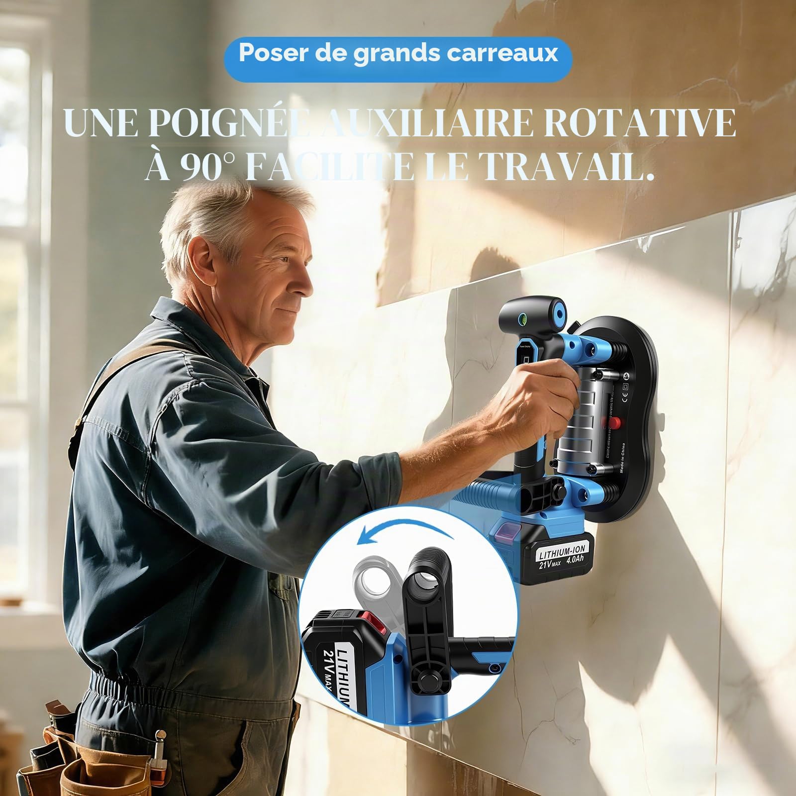 VOBOR 2 en 1 Ventouse Vibreur Carrelage Sans Fil, Ventouse 25 x 15 cm, Capacité d'Adsorption de 200kg, 9 Vitesses, Vntouse Carrelage avec 2x Batterie au Lithium, pour Verre/Bois/Ciment