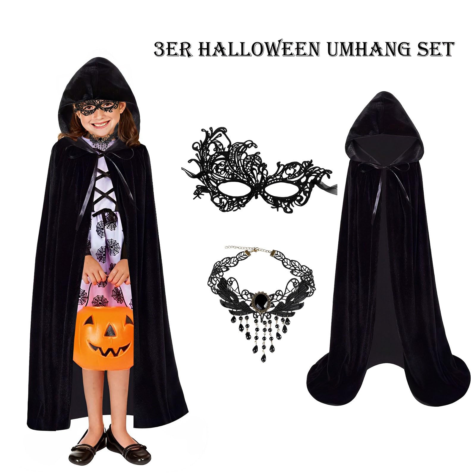 WELLXUNK 3-teiliges Schwarzes Umhang-Set – 170 Cm Cape Mit Kapuze, Spitzenmaske & Fingerkette – Für Halloween, Vampir, Karneval & Cosplay