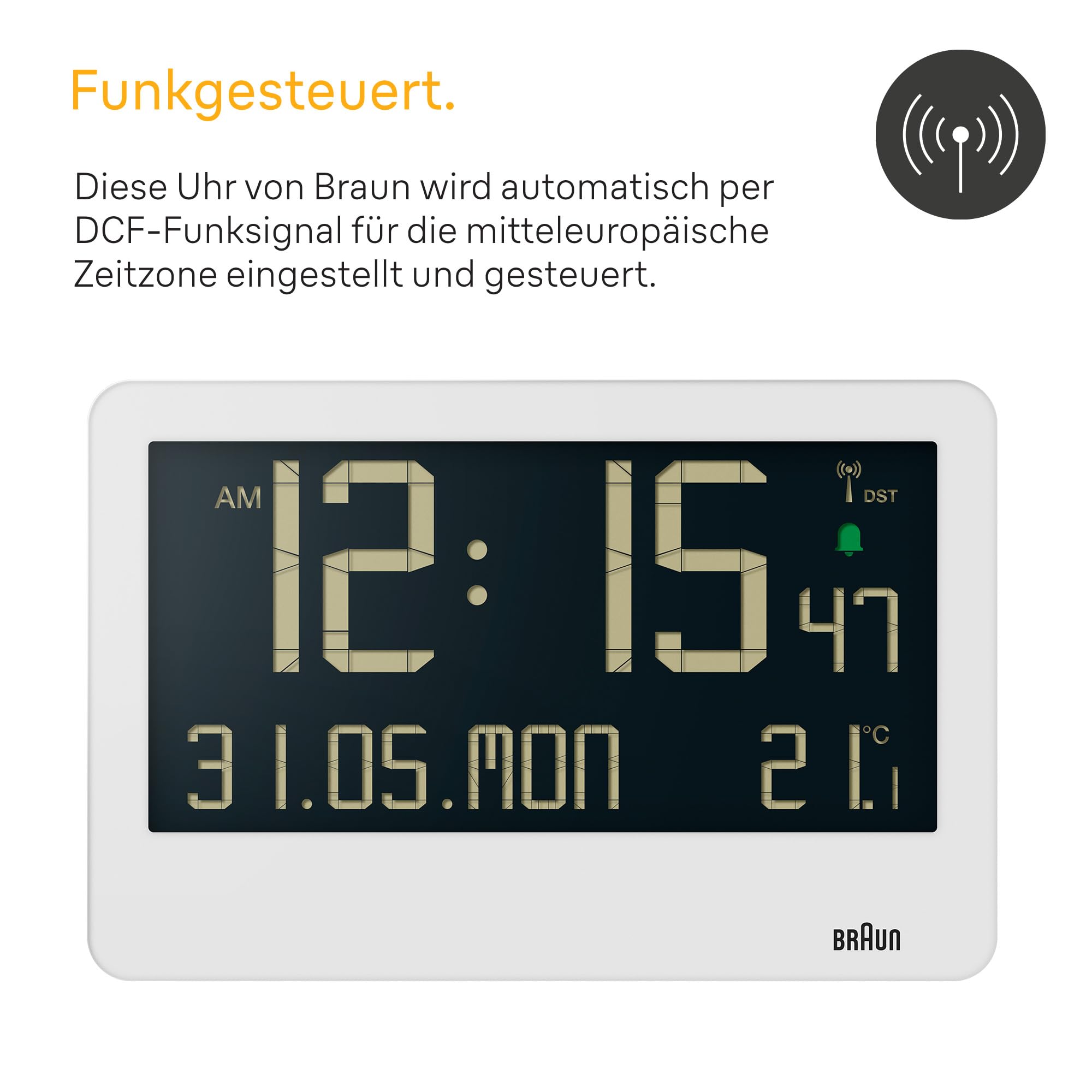 Braun Central European Time Zone (DCF) Digitale Funkwanduhr mit Innentemperatur, Datum, Wochentag, großem umgekehrtem LCD-Display, Crescendo-Piepton-Alarm in Weiß, Modell BC14W-DCF.
