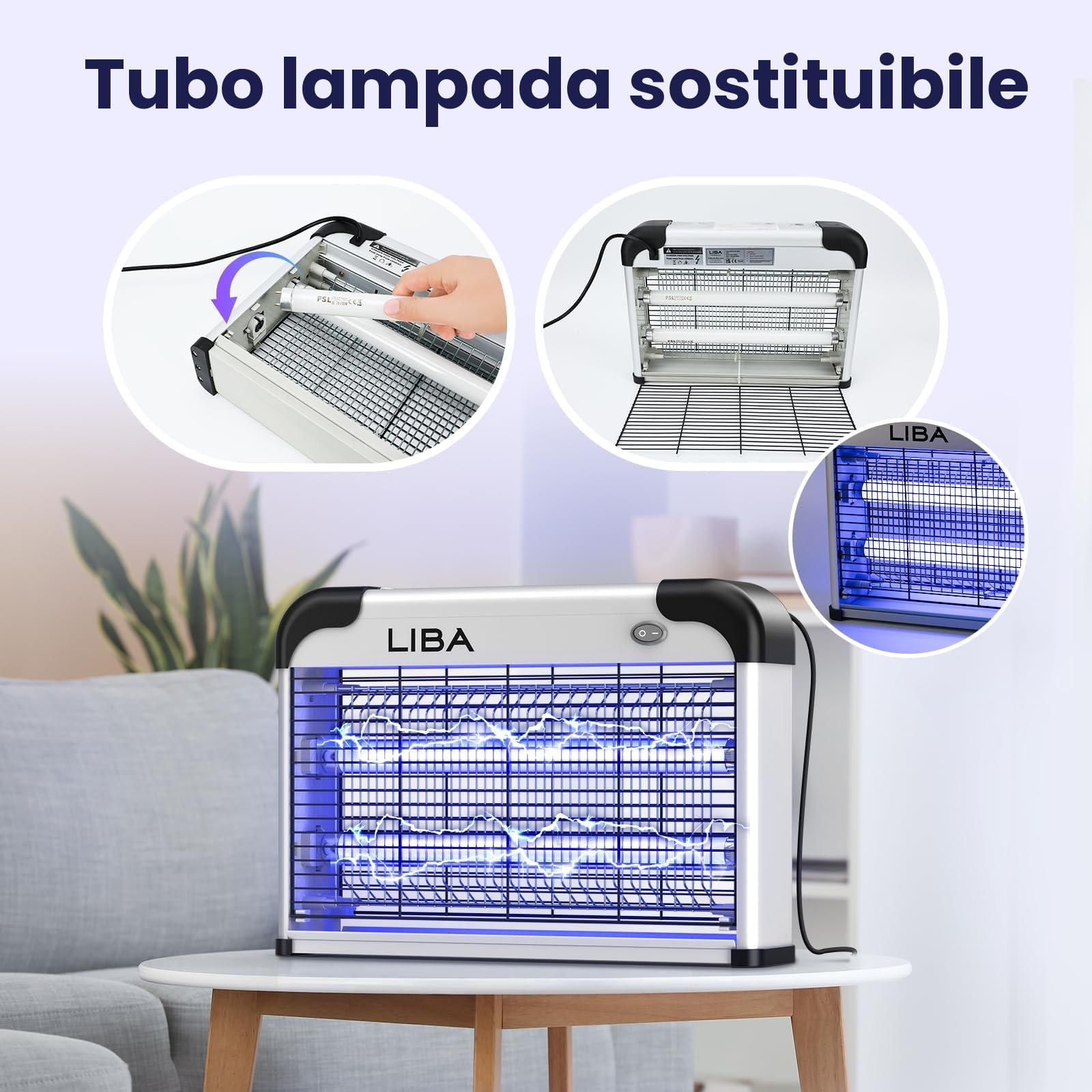 Liba Lampada Antizanzare, Lampe Anti Moustique 20W Eliminatore Elettrico di Insetti Acchiappamosche per Zanzare, Mosche, Repellente per Interni con 2 Lampadine di Ricambio e Vassoio Lavabile