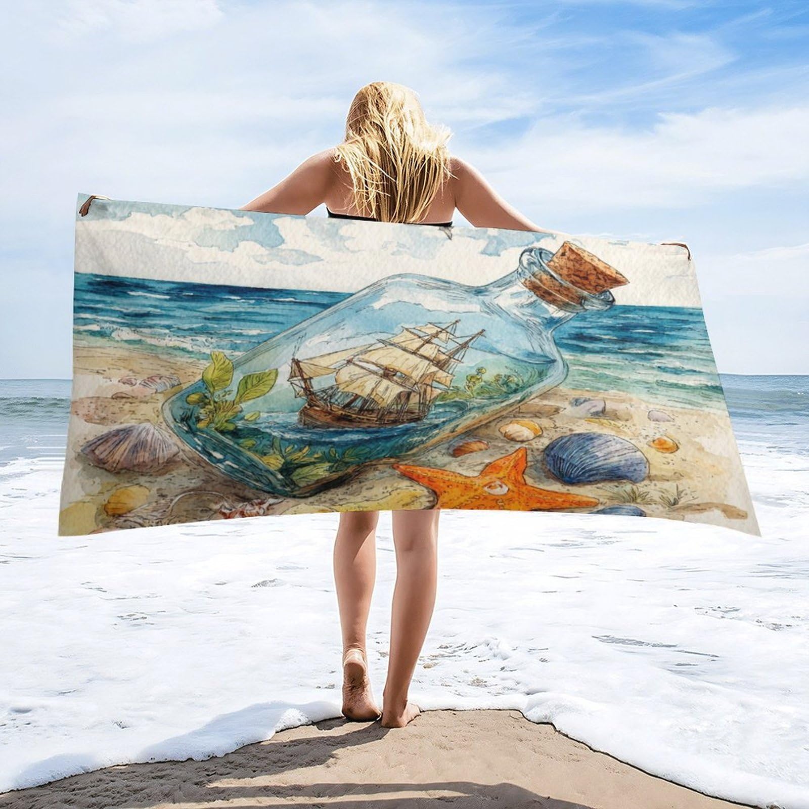 Luyysky Modern Nautical Pirate Ship Absorbent Beach Towel, Retro Watercolor Beach Animals Seagulls Starfish Outdoor Single-Sided Velvet Beach Towel-80 W Cm X 160" L Cm