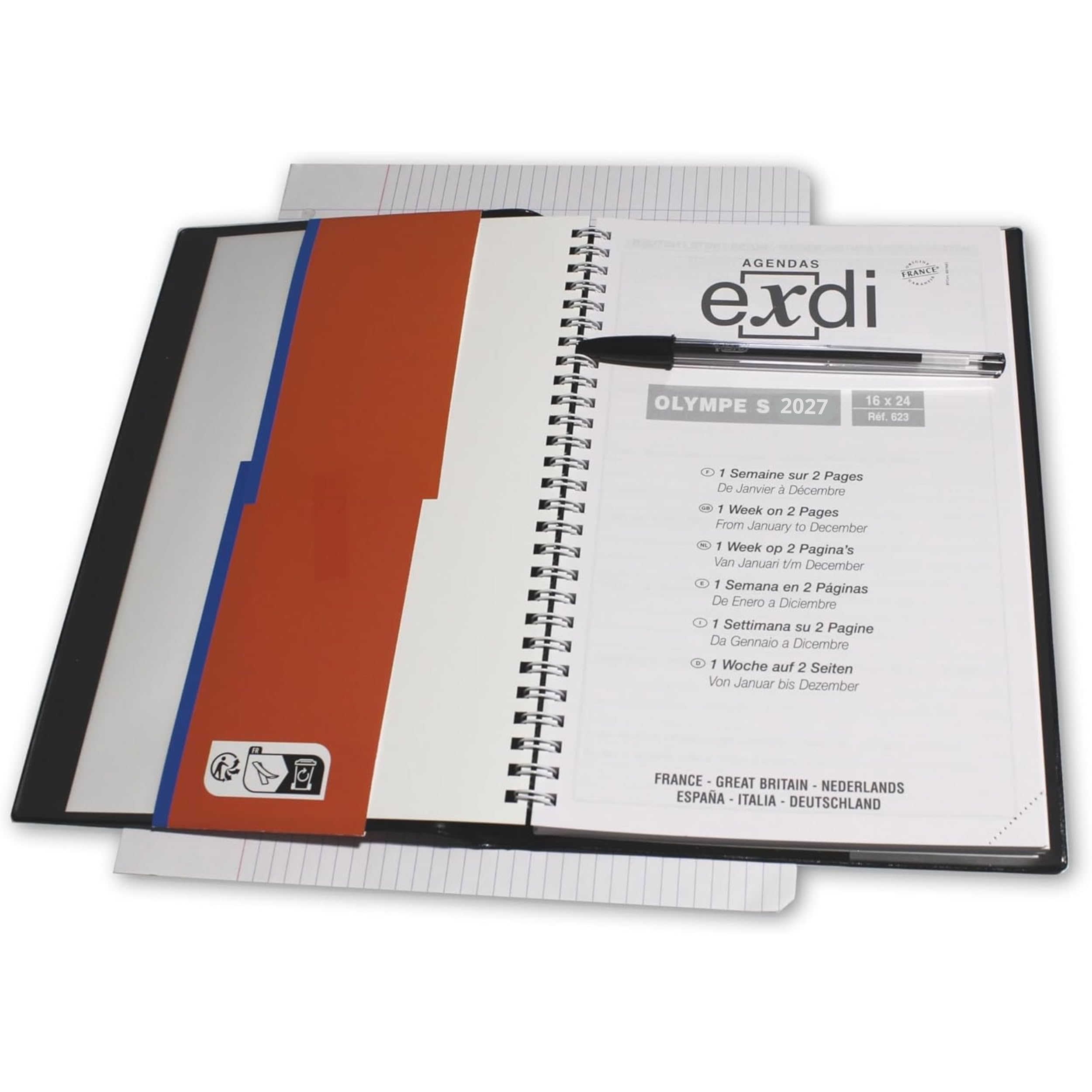 Agenda 2027 Semainier Spirale 16 x 24 cm 1 Semaine sur 2 Pages France Couverture PVC
