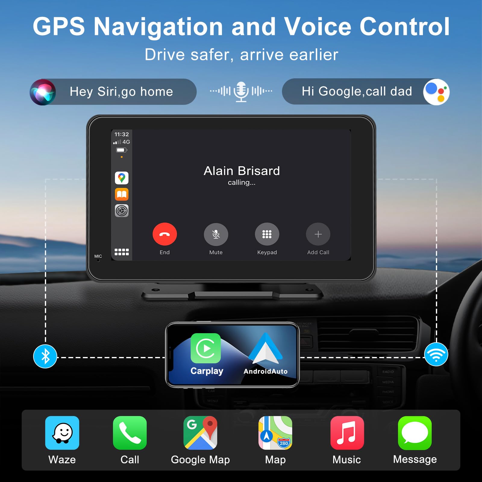 Senza Fili Autoradio, Wireless Carplay & Android Auto Portatile Autoradio e Telecamera Posteriore, 7 Pollici Stereo Auto HD Touch Screen per Auto, Mirror Link, GPS Navigation, FM, Siri, AUX, Airplay
