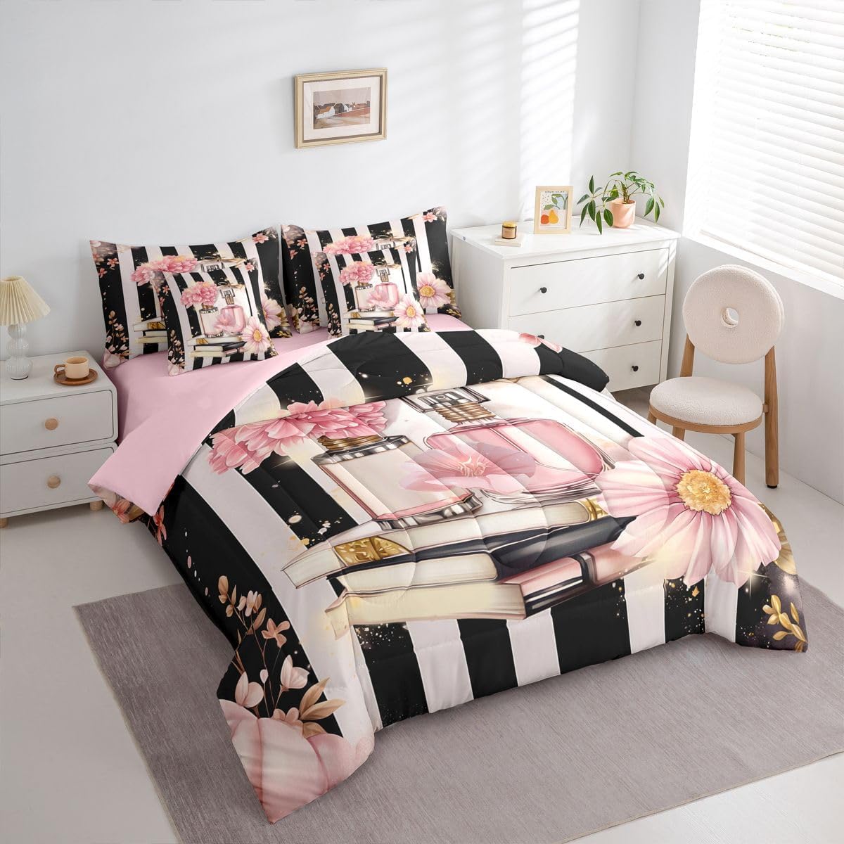 Erosebridal 7 Piece Pink Floral Bed in A Bag King Size Modern Fashion Girly Comforter Set Romantic Makeup Themed Bed Set Black White Stripe Sheet Set Women Perfume Print Bedding Fitted Sheet