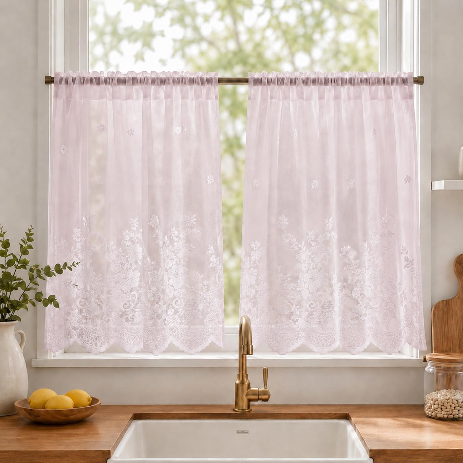 meioro Pink Lace Kitchen Short Curtains, 2PCS Floral Embroidered, W26xL24