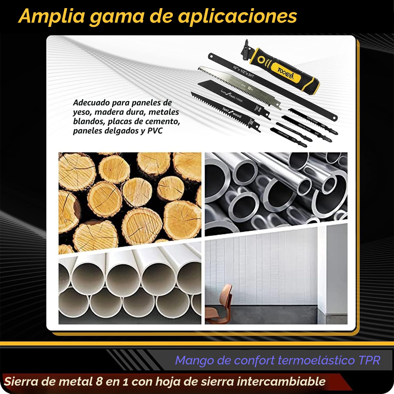 Magicbox Sierra para Metal 8 en 1 con Hojas Intercambiables - Mini Sierra de Mano para Sierra Metal y Serrucho Madera, también Sierra Pladur - Bloqueo Automático, Empuñadura Ergonómica