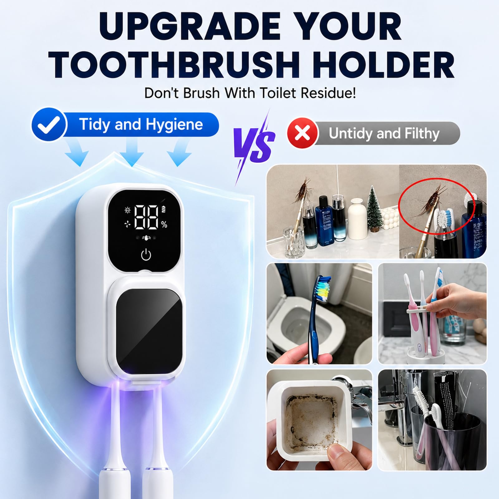 Soporte para cepillo de dientes montado en la pared, fundas para cepillos de dientes con 2 ranuras para cepillos de dientes, caja de limpieza portátil para cepillos de dientes eléctricos y manuales