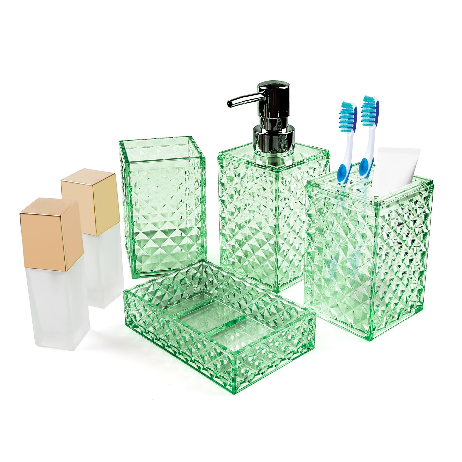 Soporte para cepillo de dientes y juego de accesorios de baño bohemios verde salvia