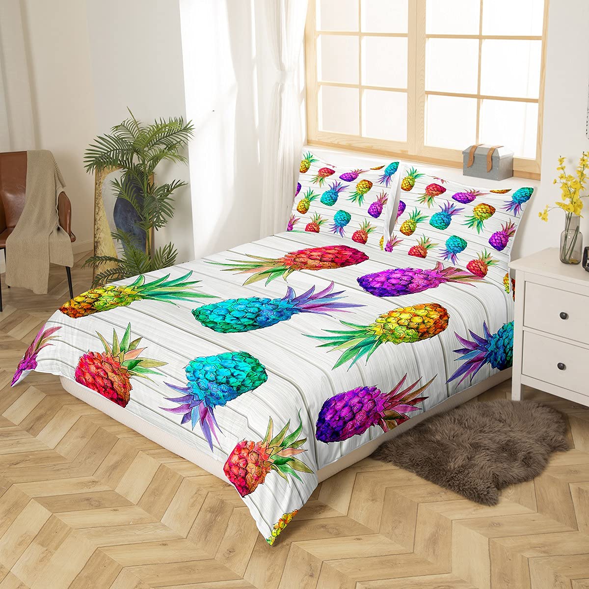 Homemissing Pineapple Bedding Set Cute Tropical Fruit Comforter Cover for Kids Boys Girls Summer Fresh Pineapple Duvet Cover Wooden Plank Bedding & Linen Bright Colorful Bedding & Linen King Size - Image 2