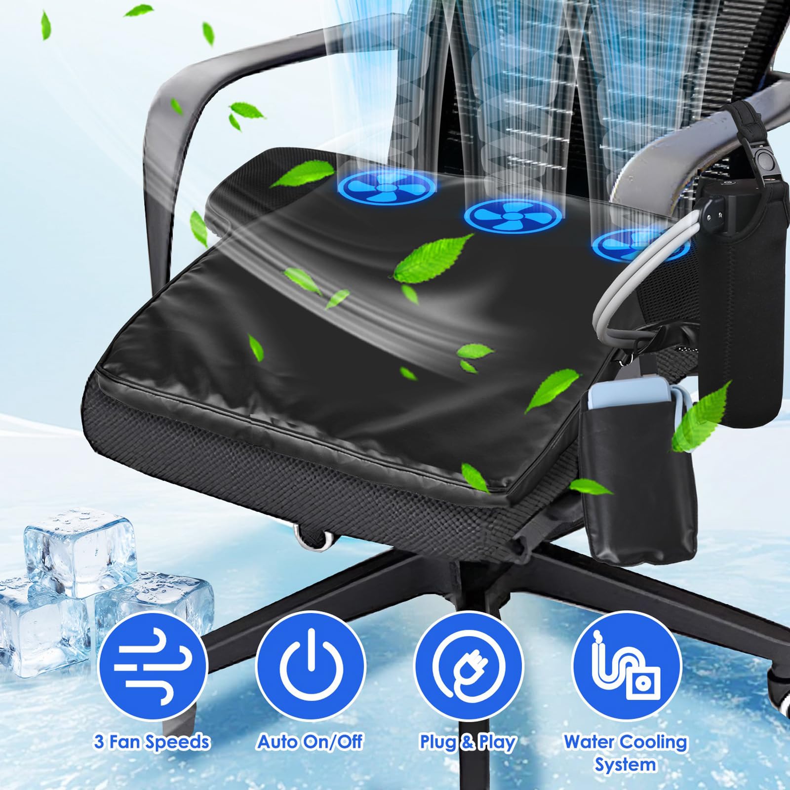 Zorpupoa Water Cooling Seat Cushion, Cooling Mat with Fan, Water Ice Ventilated Car Cushion Seat Pad Car Seat Cover Cooling Seat Cushion for Office Chair Home Cars Wheelchair