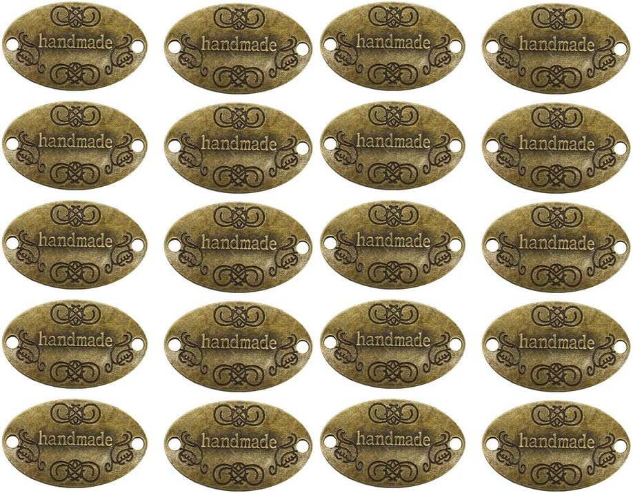 EvaGO 60 Pieces Metal Handmade Tag Label Handmade Tags Button with 2 Holes Metal Tag Signs for Jewelry Making Crafts, Sewing Clothing Decoration and More, Antique Bronze