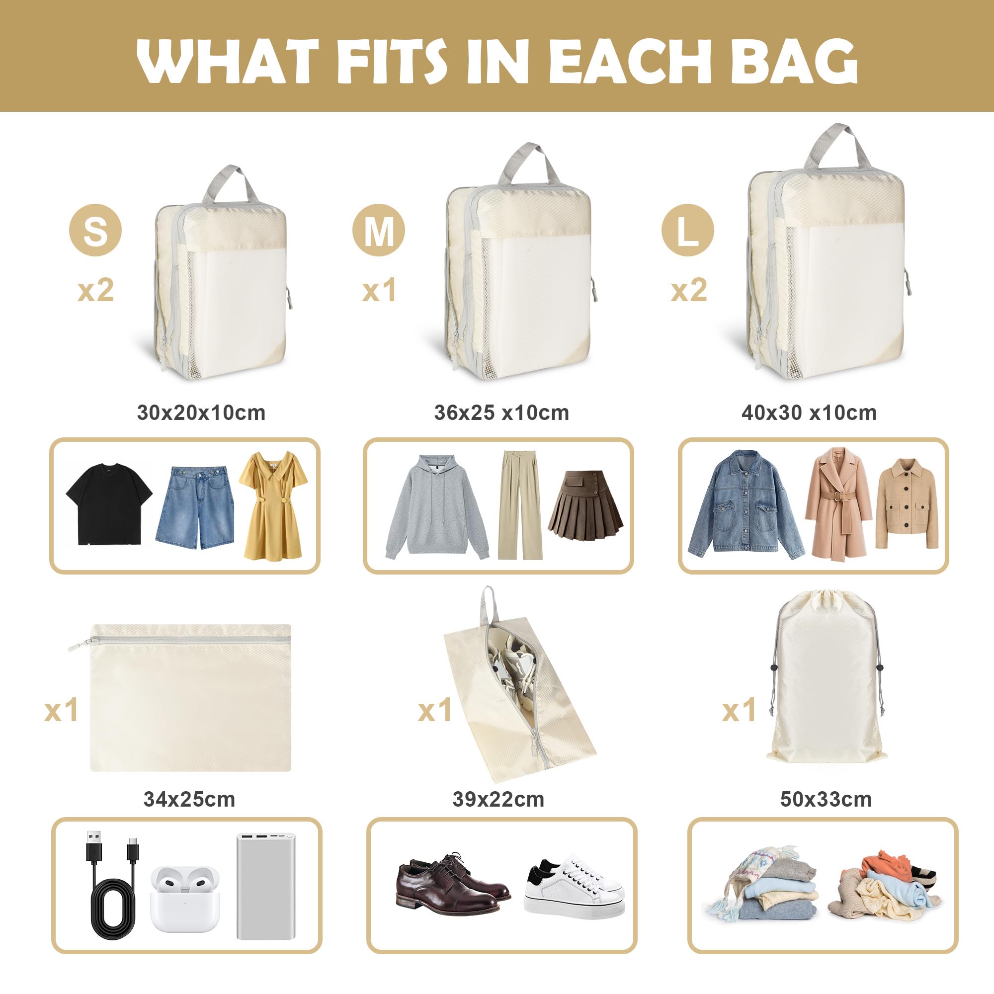 8 Pièces Organisateur Valise, Beige Sac de Compression Voyage,Packing Cubes Imperméables pour Rangement Voyage, Sacs de Rangement pour Vêtements, Chaussettes, écharpes,Chaussures et Accessoires