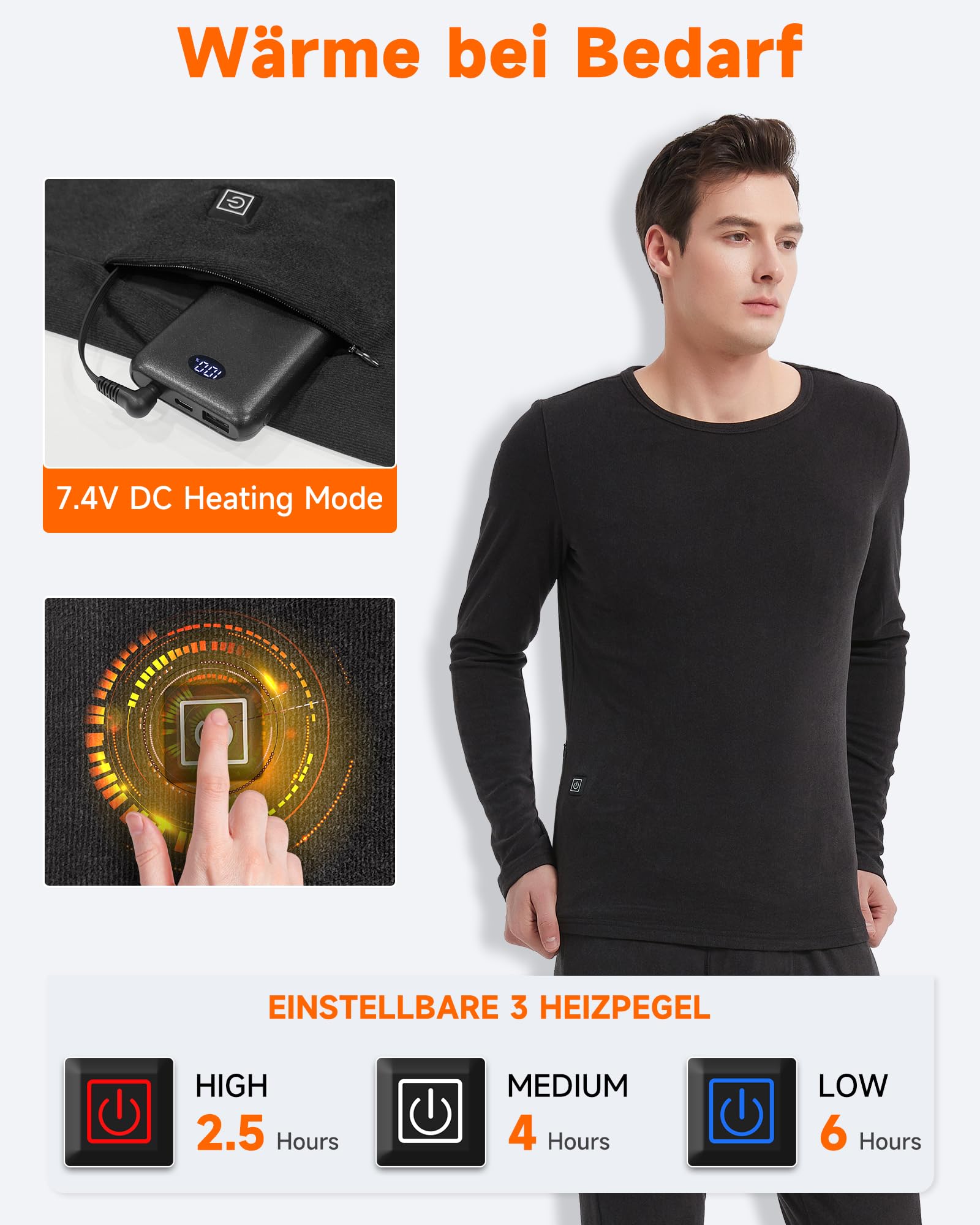 T-shirt chauffant à manches longues pour homme avec Power Bank Poids moyen Sous-vêtements thermiques chauffants Hauts Sous-vêtement thermique électrique Couche de base